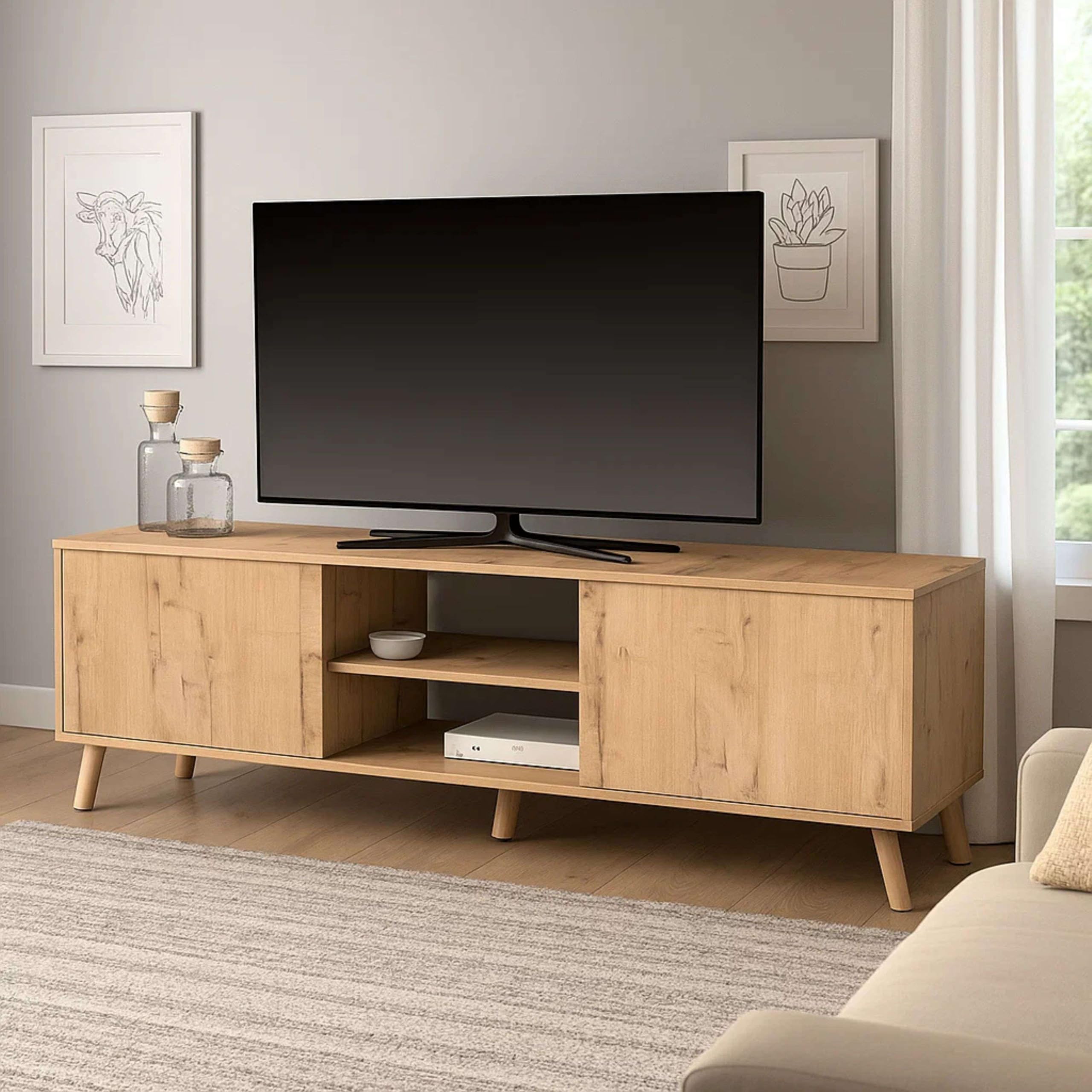 MUEBLES PITARCH | Mueble TV con Patas 2 Puertas y Estante, Mueble de Televisión Industrial, Roble Gold, 55x160x40cm, Módulo de Salón, Moderno, Modelo Oslo