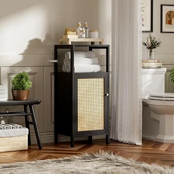 Bamboo Floor Rattan Cabinet, Small Bathroom Storage Organizer Rack with 1 Door and 1 Shelf, Space Saving Wood Kitchen Cupboard, Hallway Side Table, Living Room Freestanding Stand (Black)