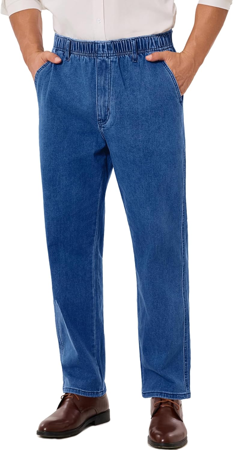 voeeron Pull On Elastic Waist Jeans for Men Full Elastic Waistband Loose Fit Denim Pants Easy Wear for Seniors