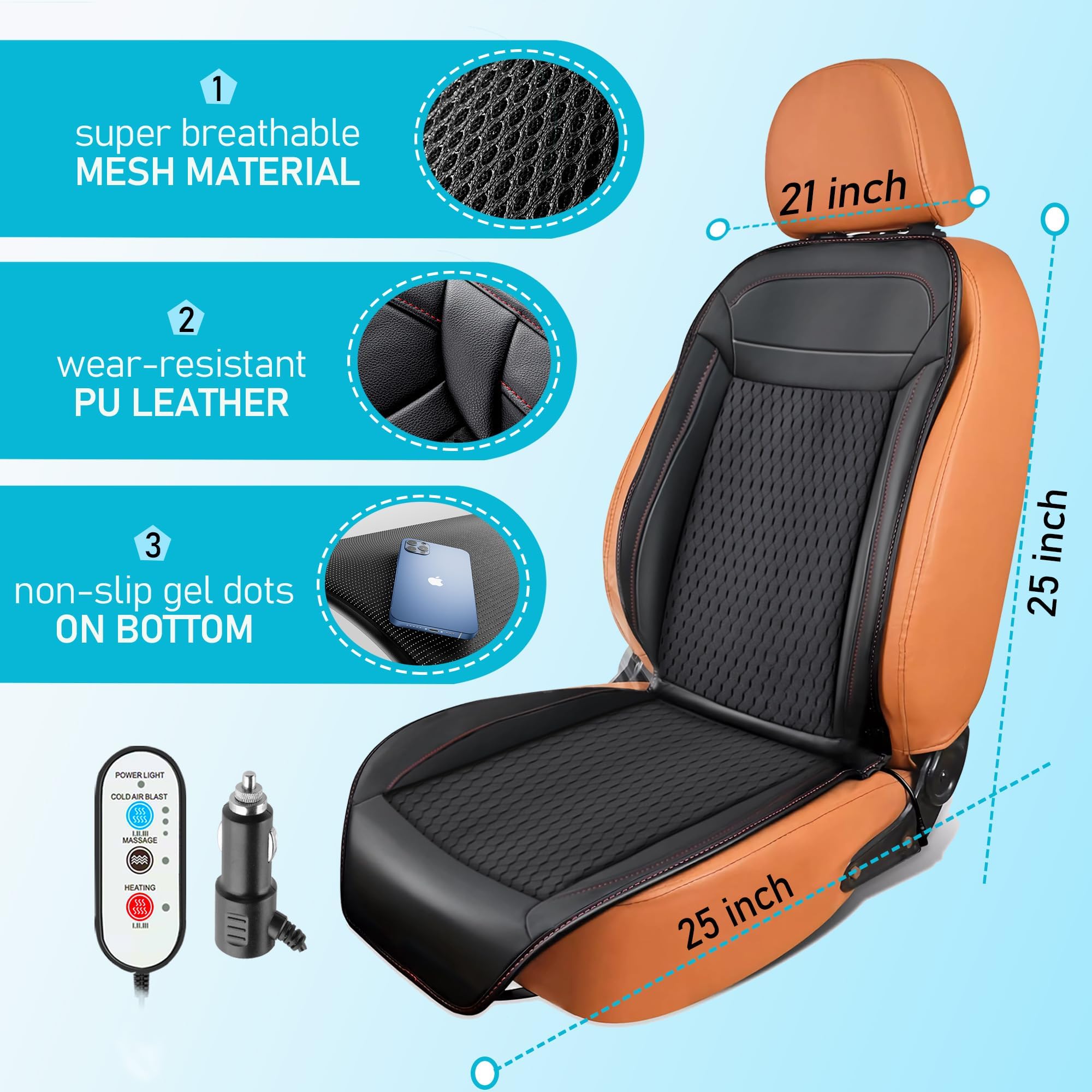 Coprisedile 3 in 1 per auto, con massaggi, per l'inverno, caldo, estivo, rinfrescante, per sedile anteriore, 12 V, in pelle, ventilato, con 16 ventole