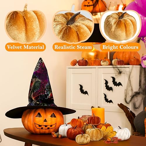 Miniatura 4 de 12 decoraciones de calabaza de terciopelo de otoño, tela falsa, mini calabazas artificiales de terciopelo, hojas de arce y bellota artificial para