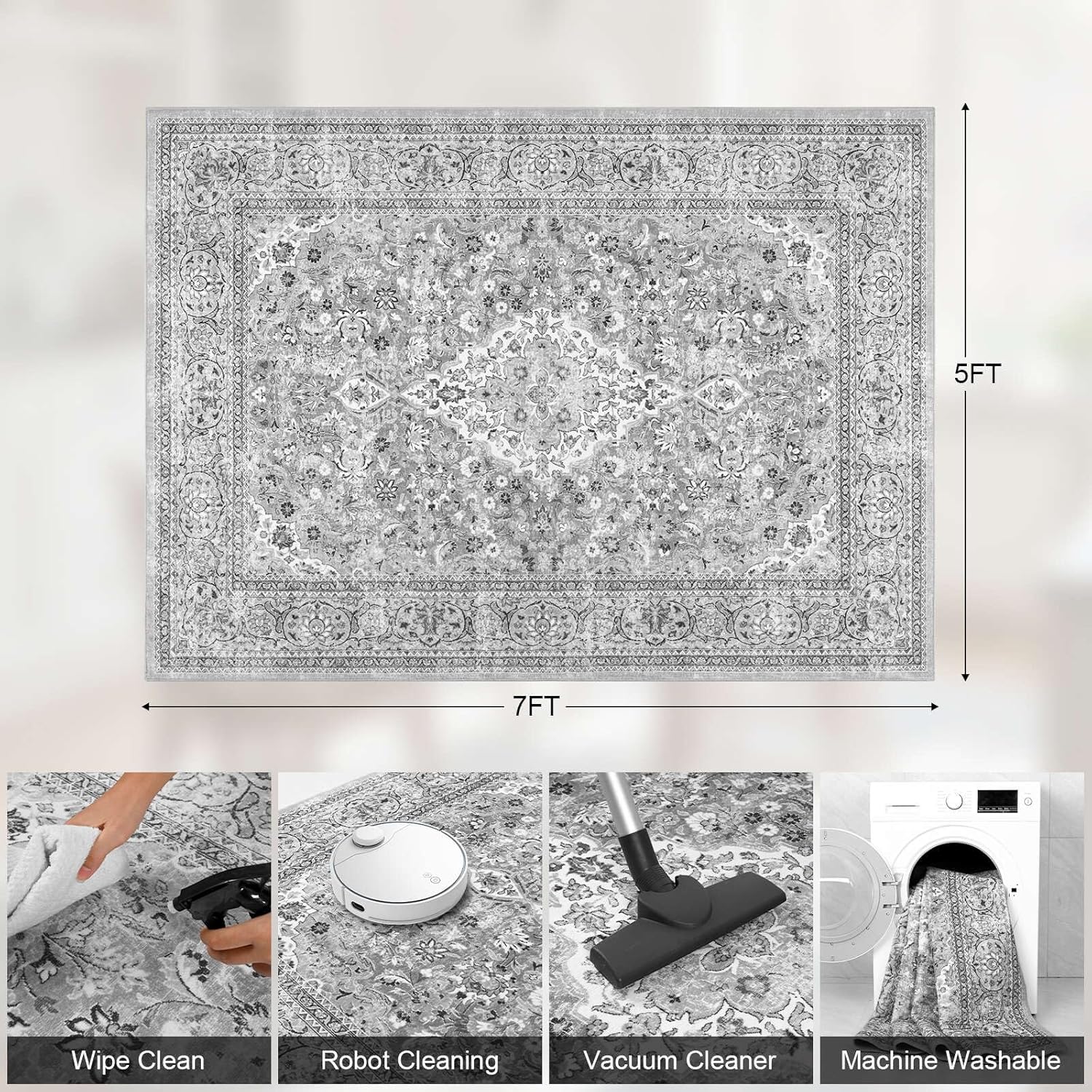 5x7 Grey Washable Boho Area Rug for Bedroom, Vintage Floral Non Slip Living Room Rugs, Soft Low Pile Indoor Mat, Aesthetic Pattern Carpet for Kitchen and Dining Room