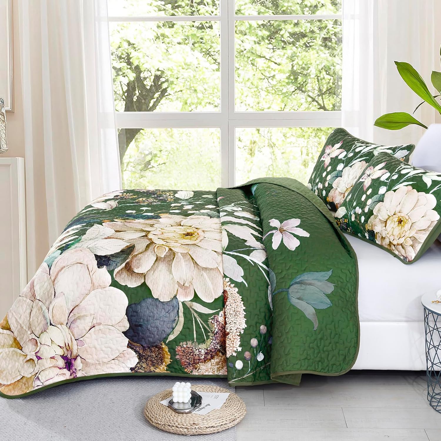Drucon Floral Quilt Queen Size - 3 Pieces Green Quilt Botanical Bedspread Soft Lightweight Flower Bedding Set for All Season (96"x90") - Image 4