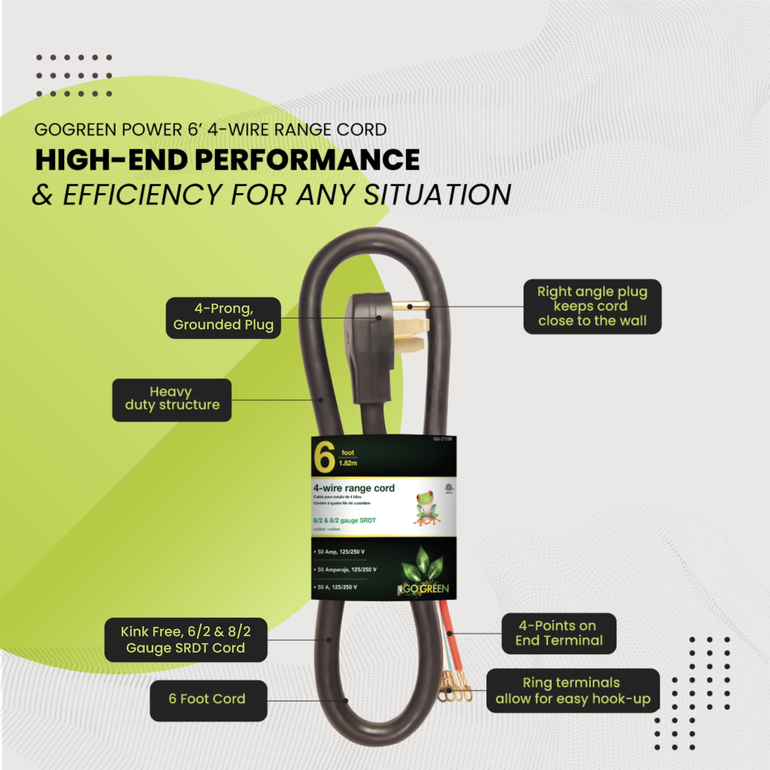 GoGreen Power GG-27206 6' 4' Wire Range Cord, 50 Amp by Go Green Power