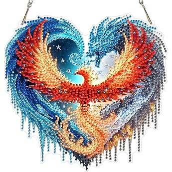 MXJSUA DIY Dragon and Phoenix Diamond Painting Pendant with Chain Adults Diamond Painting Window Pictures Hanging Ornament Craft Set for Wall and Entrance Decor 20 x 20 cm