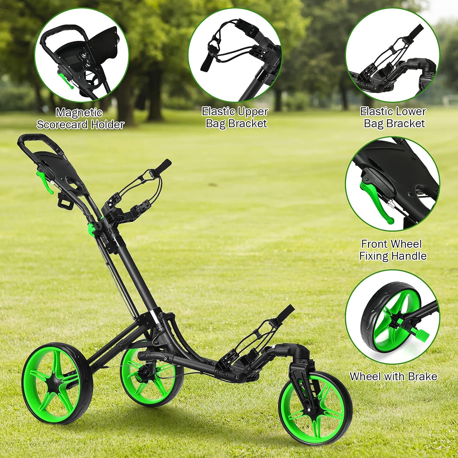 GYMAX Folding Golf Push Cart with Swivel Front Wheel, 3 Wheel Adjustable Golf Pull Cart, Easy Folding Compact Golf Trolley for Clubs