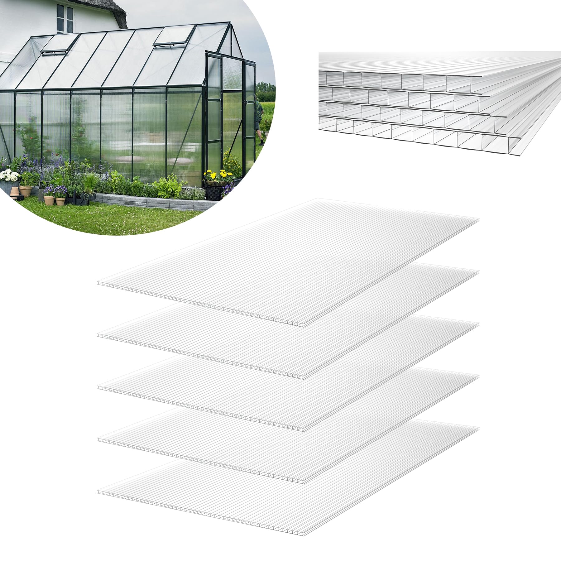 14 Stück Polycarbonat Hohlkammerstegplatten, 4 mm Stärke, 60,5 x 121 cm, 10,25 m² Gewächshausplatte Stegplatten Doppelstegplatten, Gartenbau Carports UV-beständig und Stoßsicheren