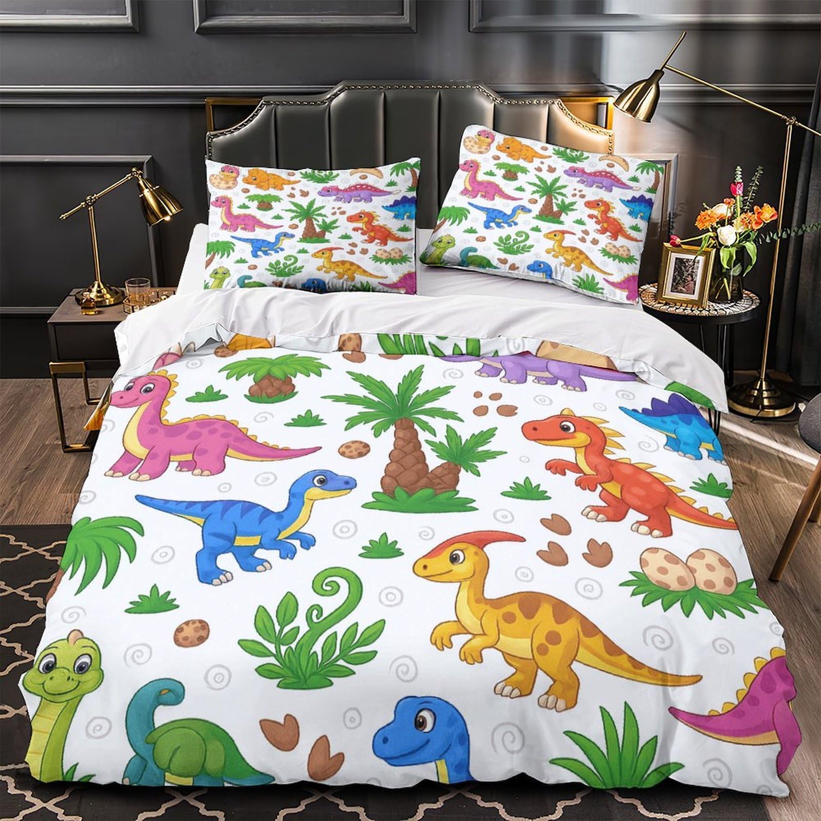 Housse de couette dinosaure anti-acariens avec zip pour lit double 200x200cm