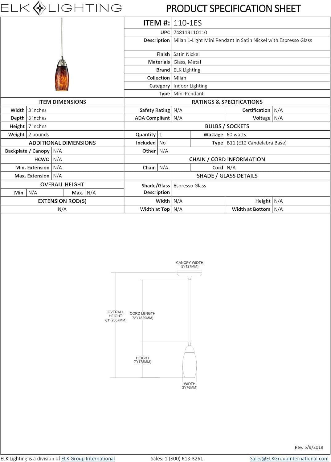 Black Friday - 80% OFF Elk 110-1ES 1 Satin Nickel with Espresso Glass Pendant Light, 3W X 3D X 7H