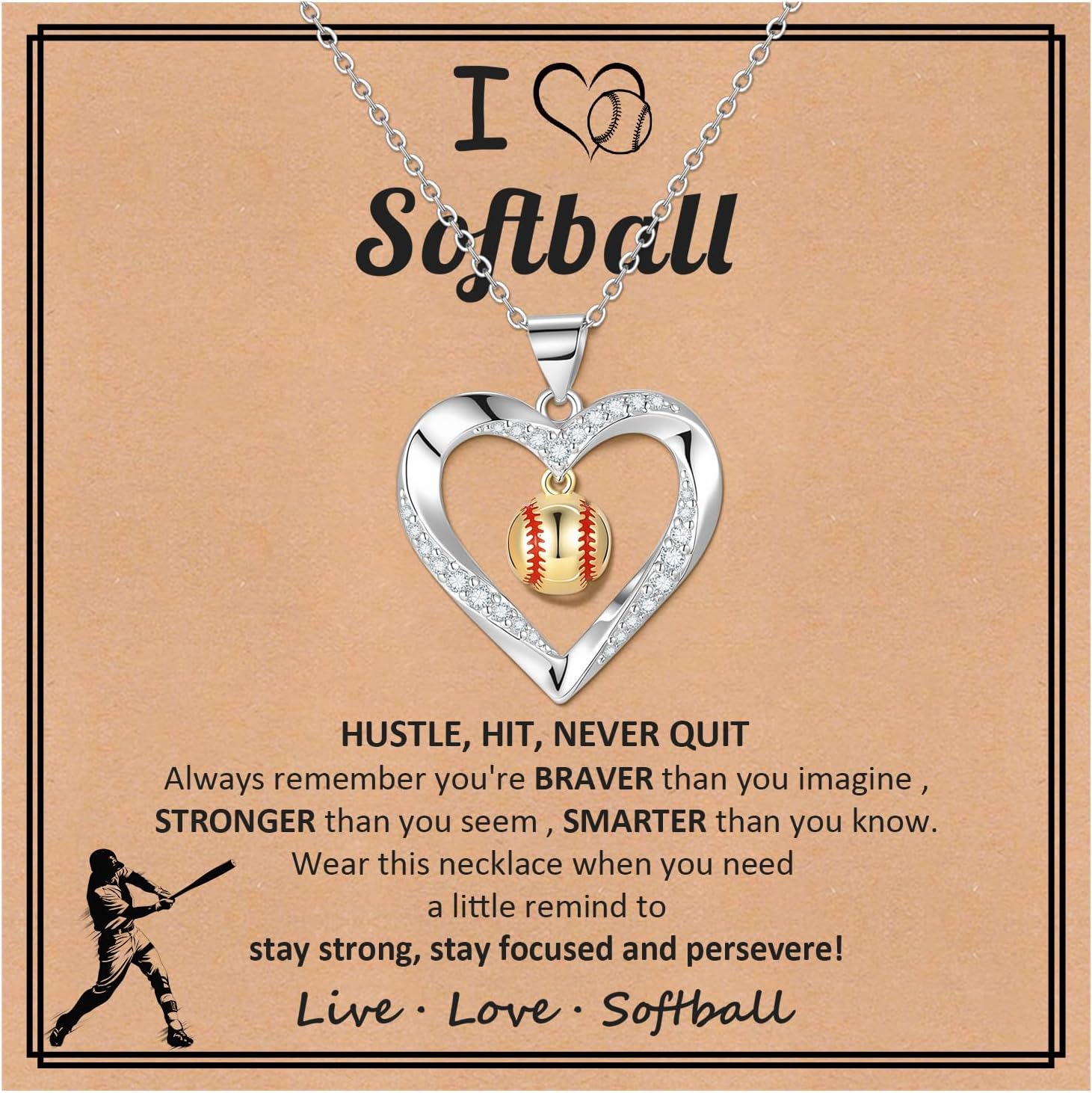 Goxygen Softball Necklace Gifts for Women - 14K Gold Plated Cubic Zirconia Heart Softball Pendant Necklaces, Sport Accessories Jewelry Christmas Birthday Gift for Her (Silver)