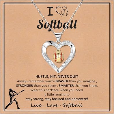 Softball Necklace Gifts for Women - 14K Gold Plated Cubic Zirconia Heart Softball Pendant Necklaces, Sport Accessories Jewelry Christmas Birthday Gift for Softball Lover, Mom, Daughte
