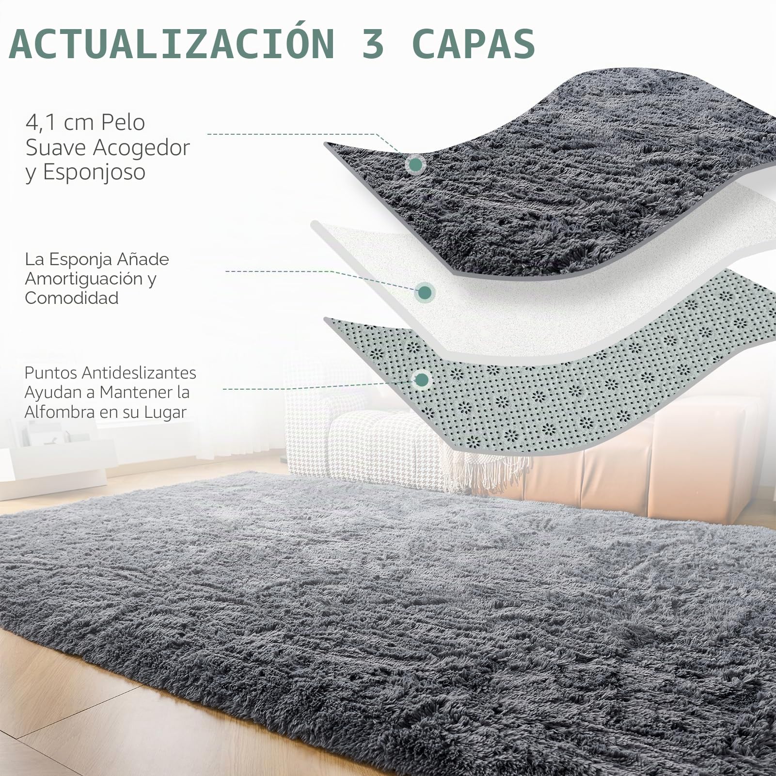 CHOSHOME Alfombra Shaggy para Salón, Habitación de los Niños y Dormitorio - Interior Suave de Pelo Largo, Antideslizante Muy Suave (Gris, 200X290cm)