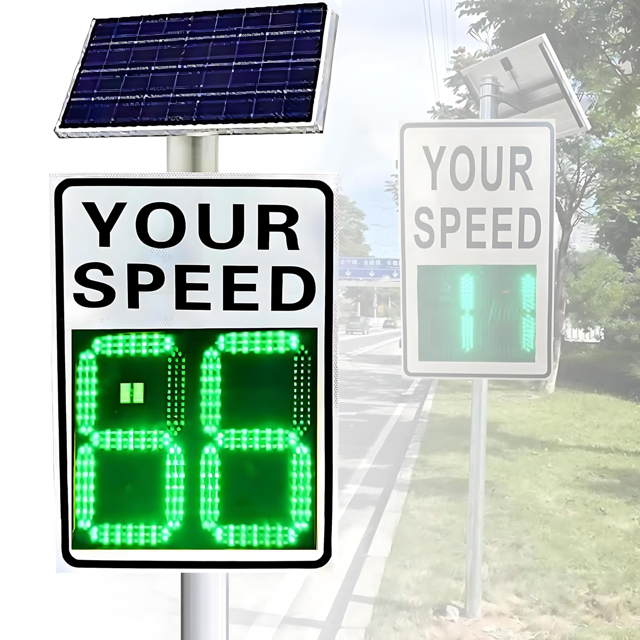 Cartel de Velocidad con Tecnología Radar y Energía Solar, Pantalla Grande para Gestión de Tráfico en Instalaciones Logísticas