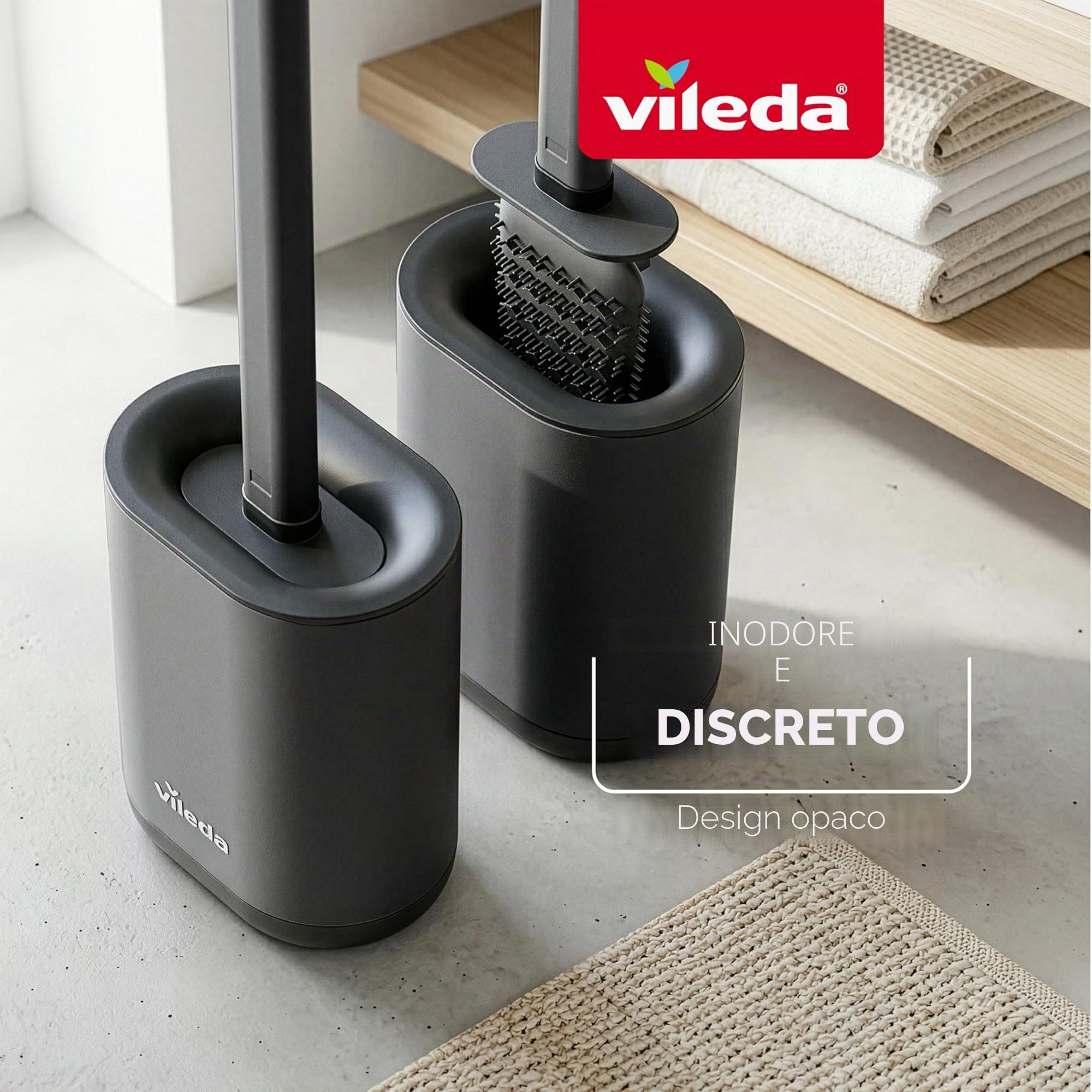 Vileda Scopino WC in Silicone con Supporto da Parete – Spazzola Bagno con Testa Flessibile e Manico in Acciaio Inox – 2 Zone di Pulizia, Asciugatura Rapida, Igienico, Grigio