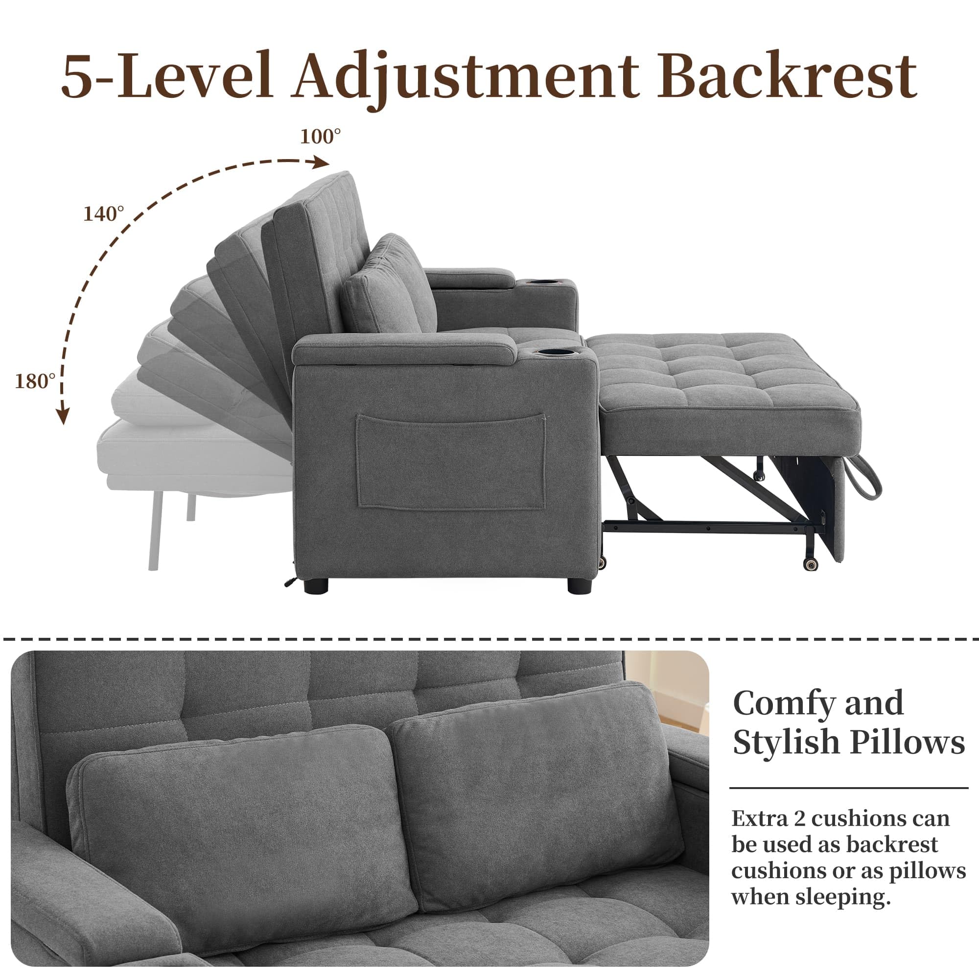 Korser 55.5'' 3-in-1 Convertible Sofa Bed, Pull Out Couch with 5-Position Adjustable Backrest, Loveseat Sleeper Sofa for Small Spaces, Sofa Couch with Cup Holders for Living Room, Office, Chenille