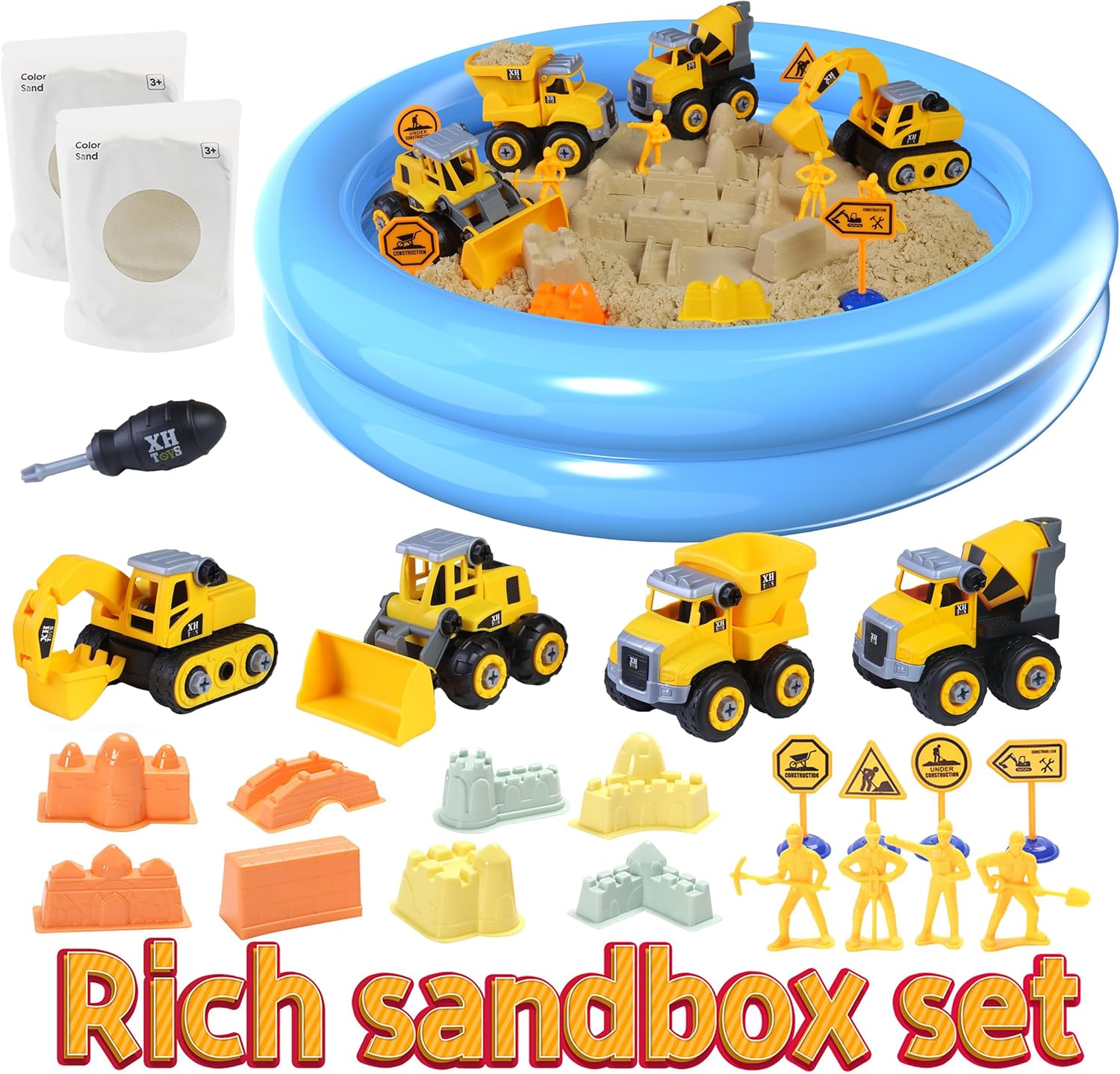 YIDESTARS Play Construction Sand Kit,2.2lbs Magic Sand W/4 Large Take Apart Construction Trucks,1 Sandbox,8 Worker Figures and Road Signs,8 Molds,Toys for 2-8 Years Old Boys Girls