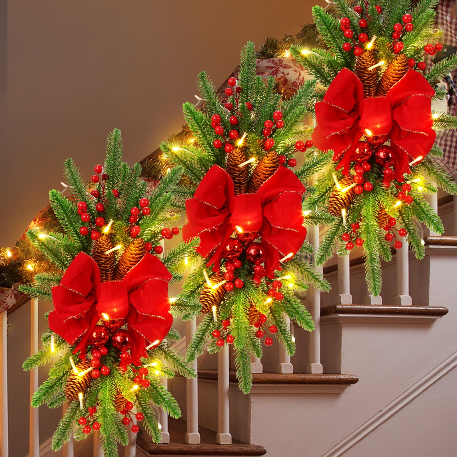 Amazon.com: Hiboom 3 Pack Christmas Swags for Stairs Window Door
