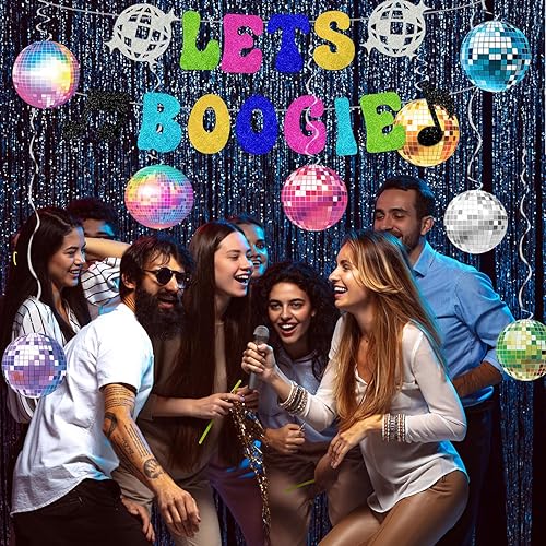 Miniatura 6 de Decoraciones de fiesta temática de discoteca de los años 80 y 90, pancarta con texto en inglés "Let's Boogie", decoración colgante de remolinos de