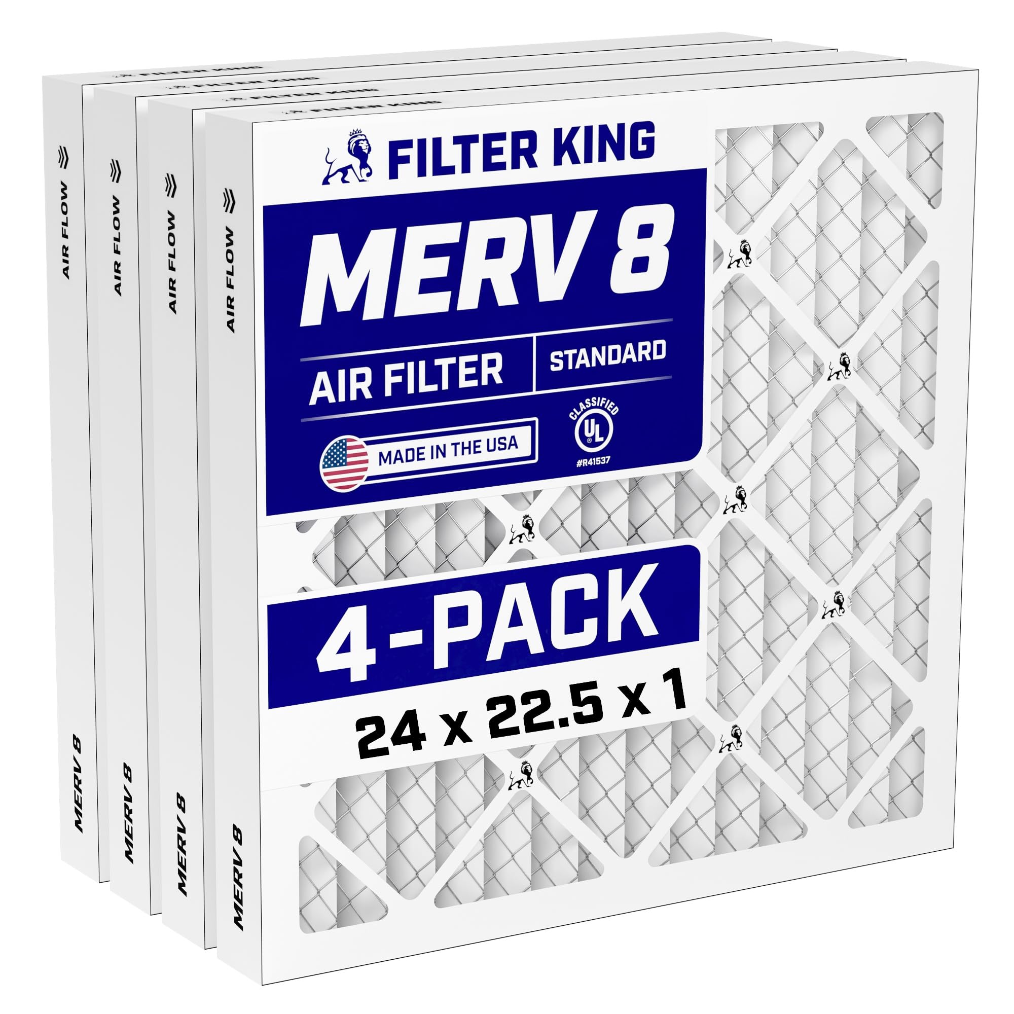 Filter King 24x22.5x1 Air Filter (MERV 8) (4-Pack) Dust & Allergy Control AC Furnace Filters, MADE IN USA, HVAC, Pleated, Electrostatic (Actual Size: