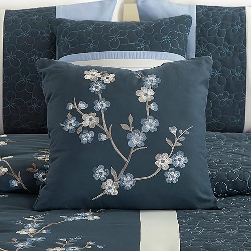 Miniatura 7 de Chezmoi Collection Linnea - Juego de edredón de lujo de 7 piezas con bordado floral de cerezo, azul marino, gris, tamaño Queen