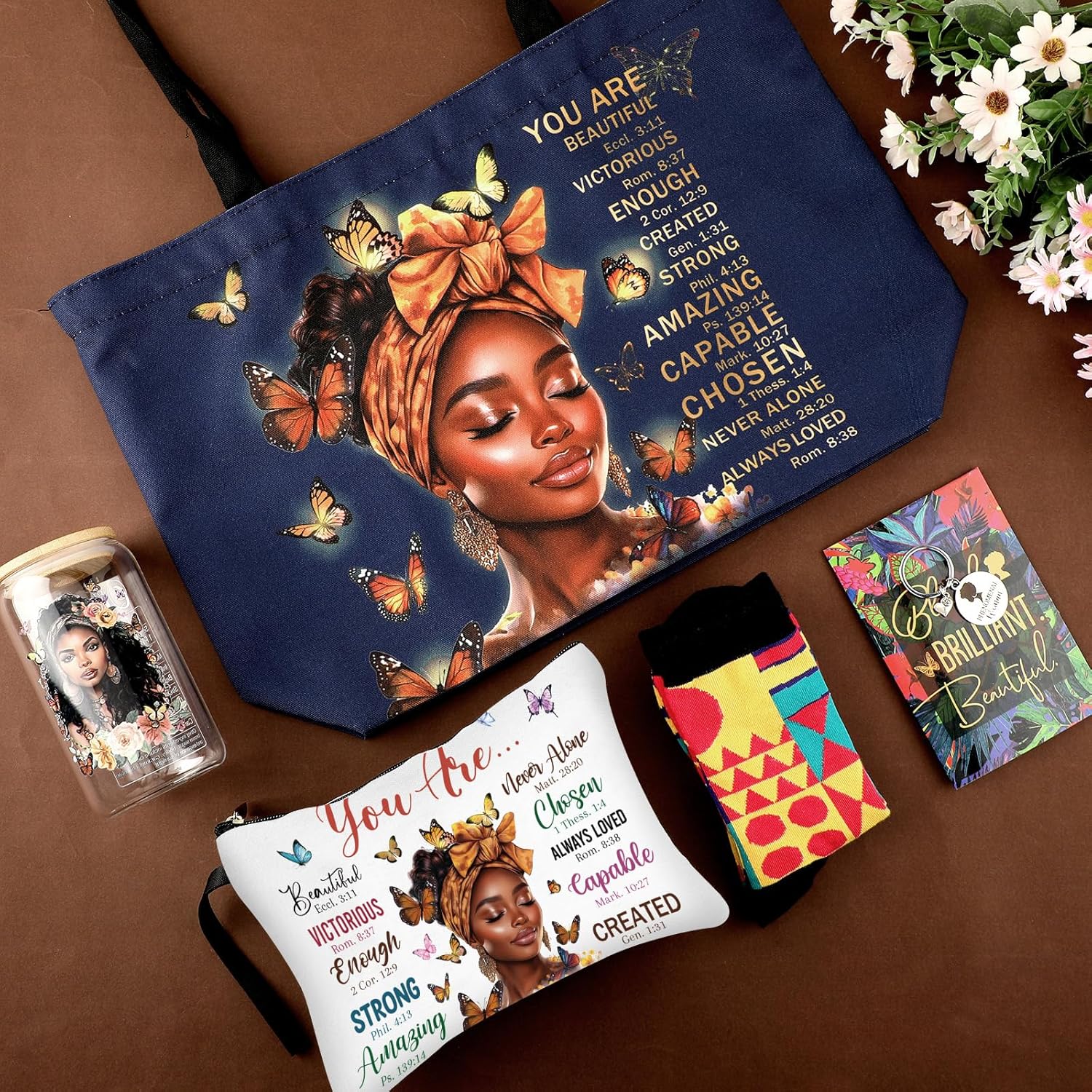African American Gifts Set for Women - African American Tote Bag, Makeup Bag, Glass Cup, Socks, Keychain and More for Black Mom Friends Birthday Christmas Graduation Mother's Day Present - Image 5