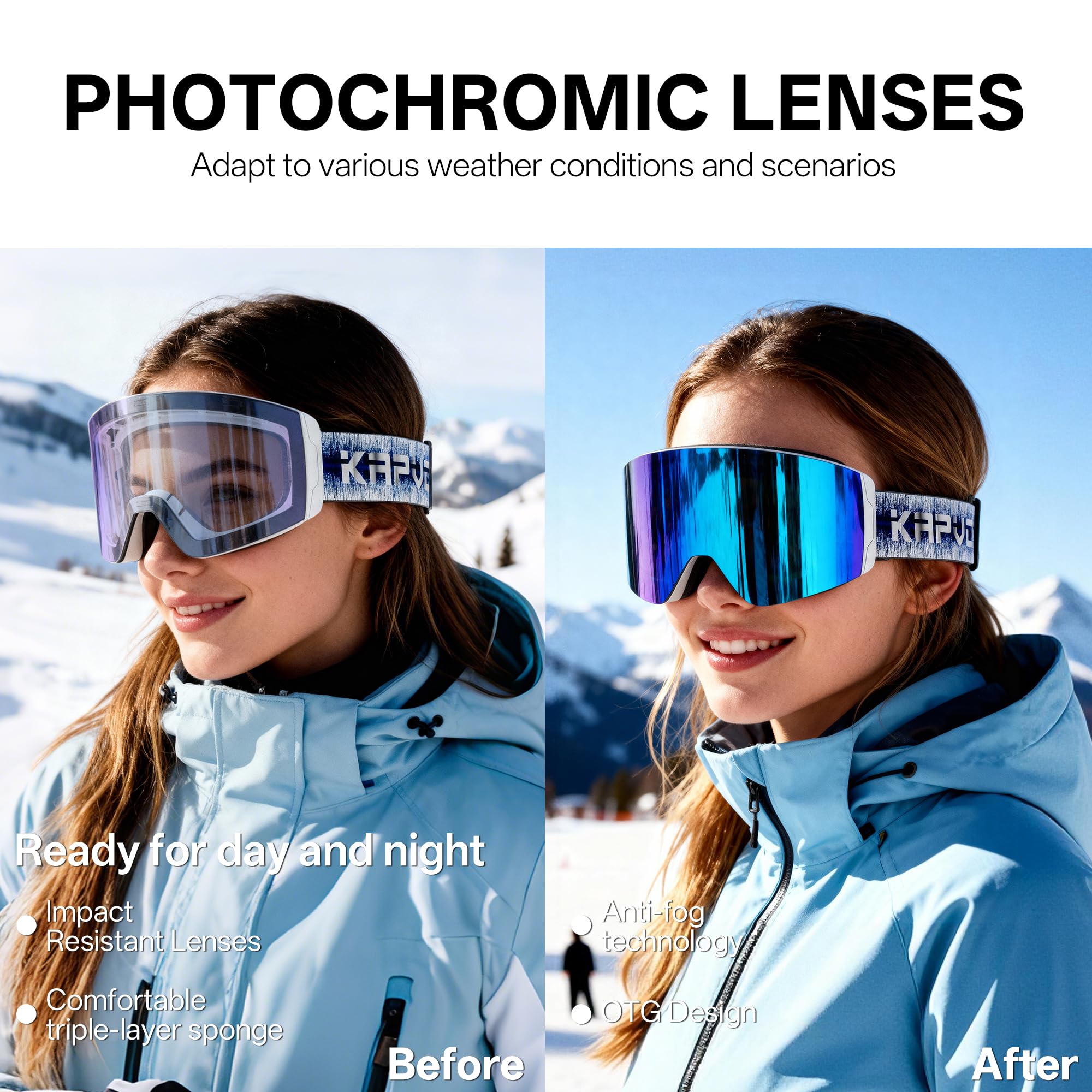 KAPVOE Selbsttönend Skibrille Anti-Beschlag Herren Damen photochromatische Snowboardbrille OTG, UV-Schutz K0718