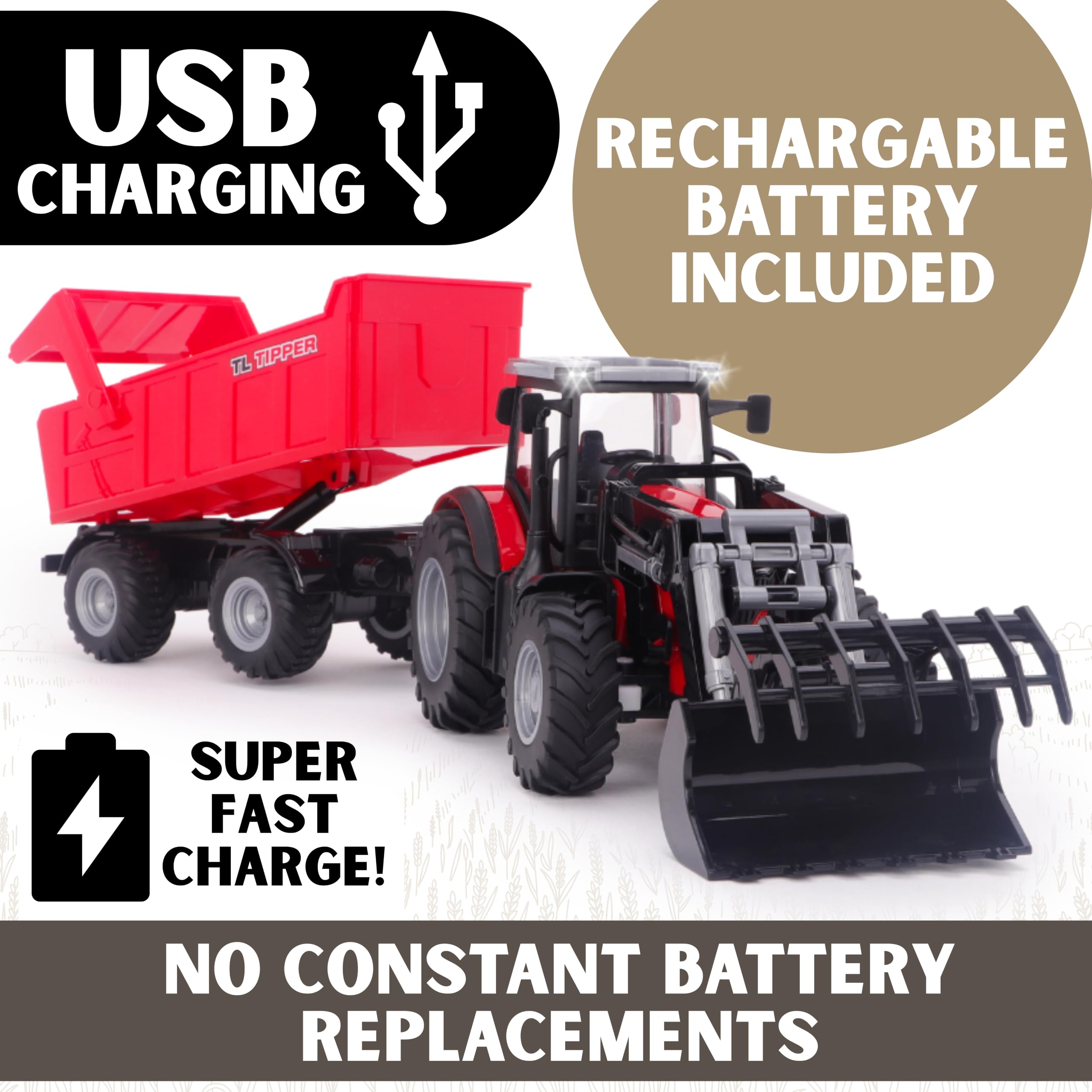 Toyland® 1:24 Trattore radiocomandato rosso in scala caricatore frontale, rimorchio motorizzato e accessori, set di gioco con luci e ricarica USB - Batteria ricaricabile inclusa - Veicolo da fattoria