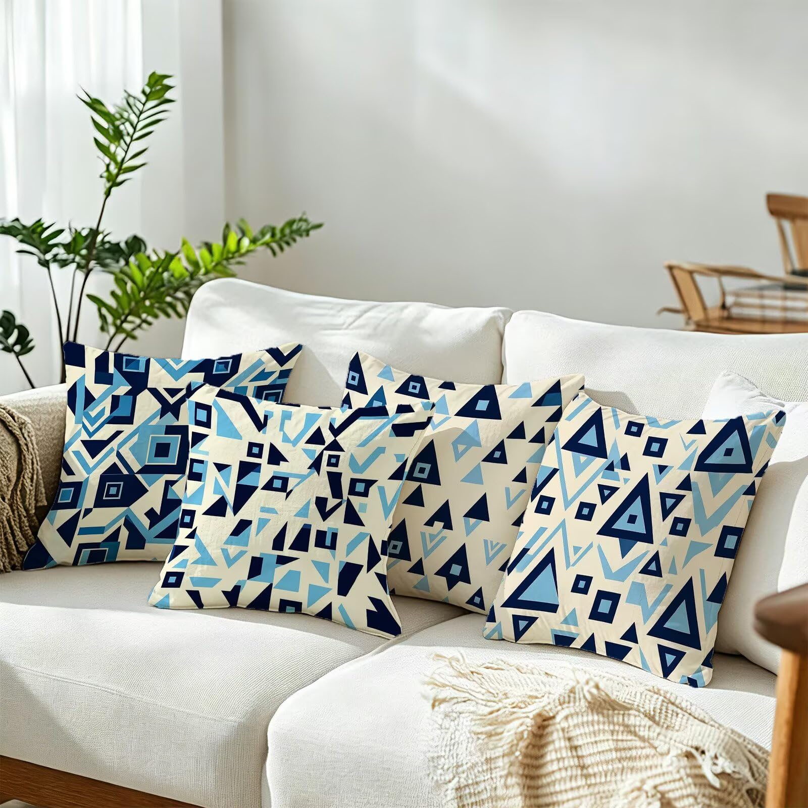 Blu Federe Cuscini Divano 50x50cm, Cuscini da Esterno Set de 4, Cod-91 | Velour Copricuscini Decorativi Letto Arredo, per Letto, Soggiorno, Giardino, Esterno, Casa Decorazione Set di 4 Geometria