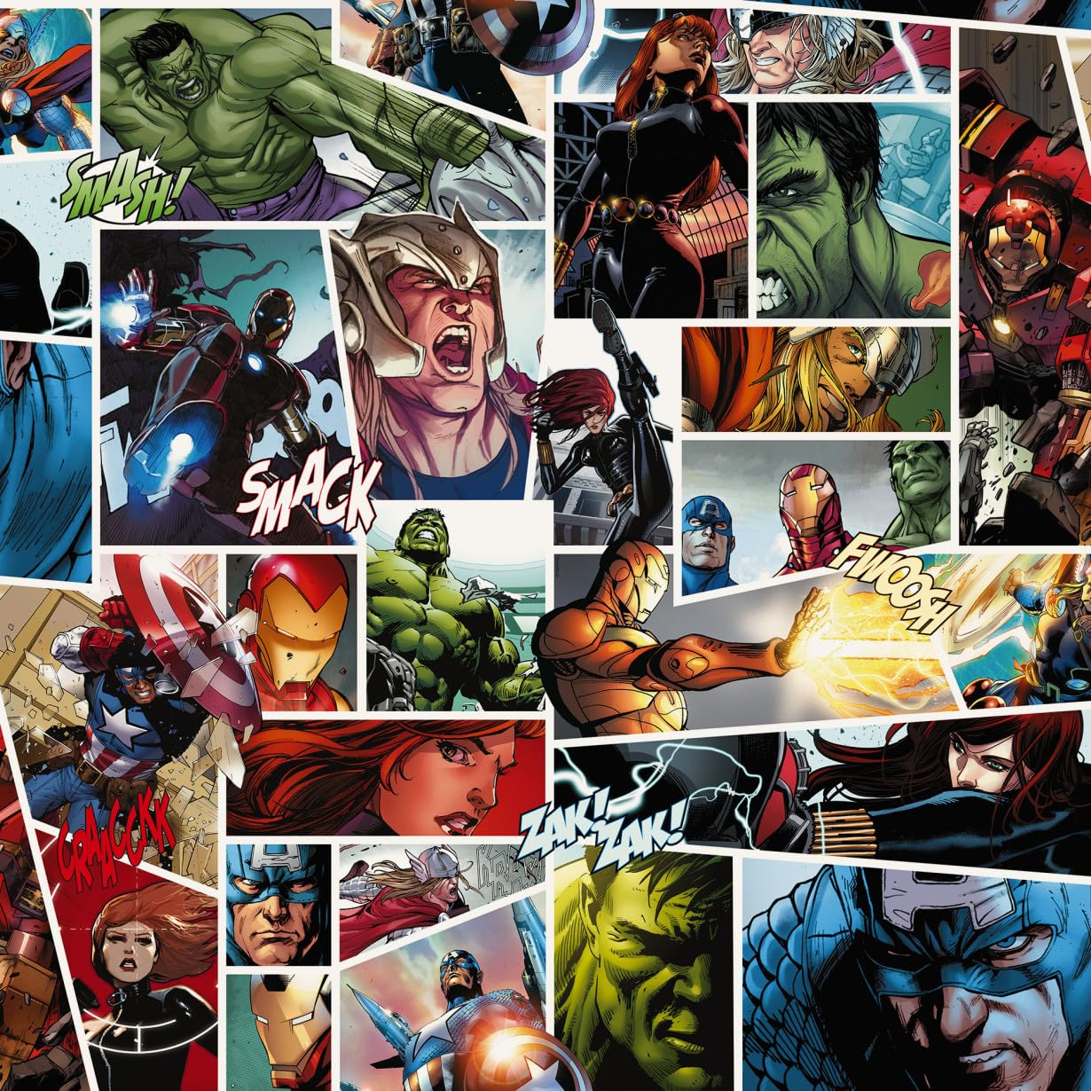 Komar Rapport Marvel Comic Non-Woven Wallpaper Size 53 x 1005 cm, 1 Roll, Pattern Repeat in Height and Width, Children's Room, Wallpaper, Superheroes, Photo Wallpaper