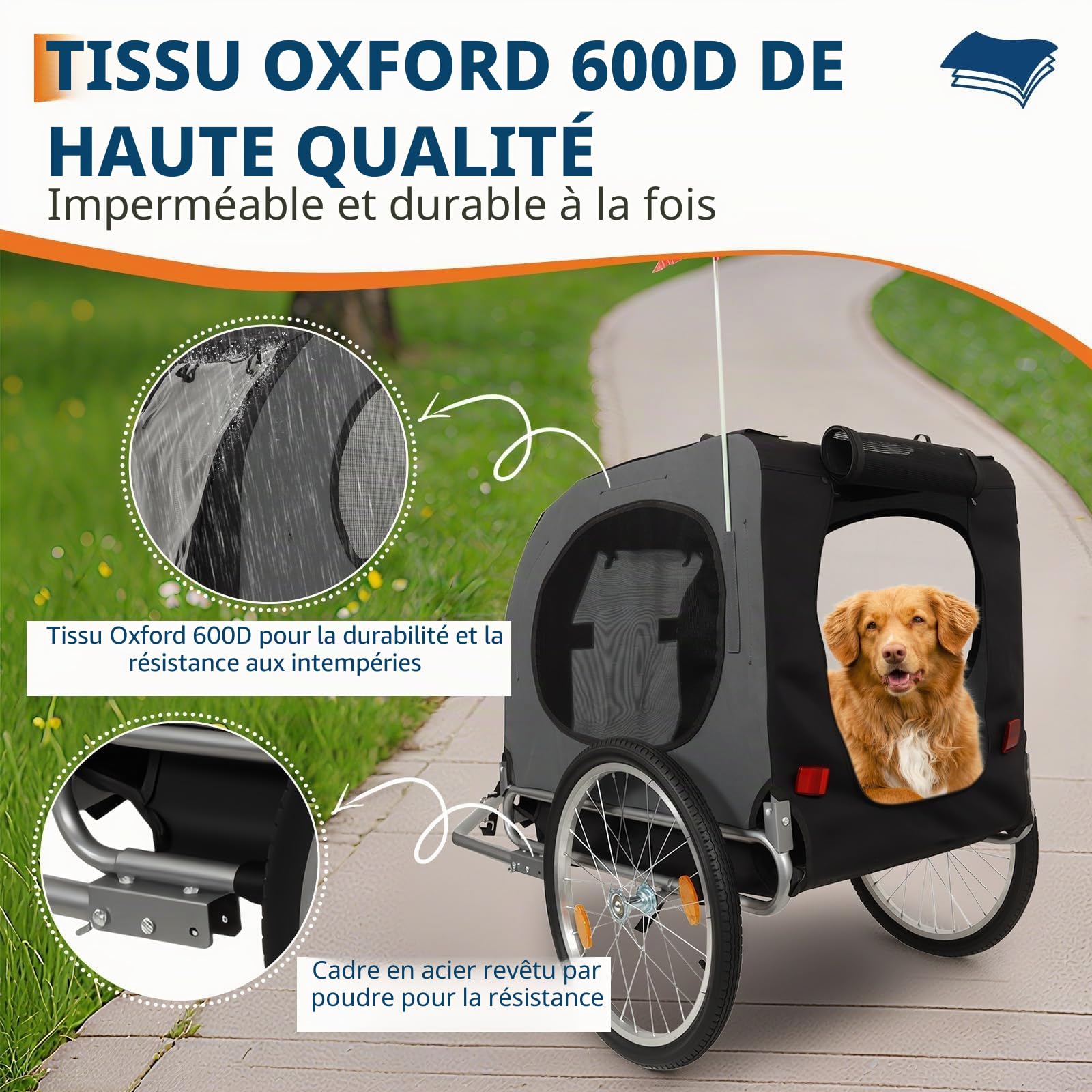 Grandes remorques pour Chiens - Capacité de 40 kg - Porte-Bicyclette pour Animaux de Compagnie - Tissu Oxford Pliable, Attache Universelle - Design Pliable, Tapis antidérapant et Drapeau de sécurité