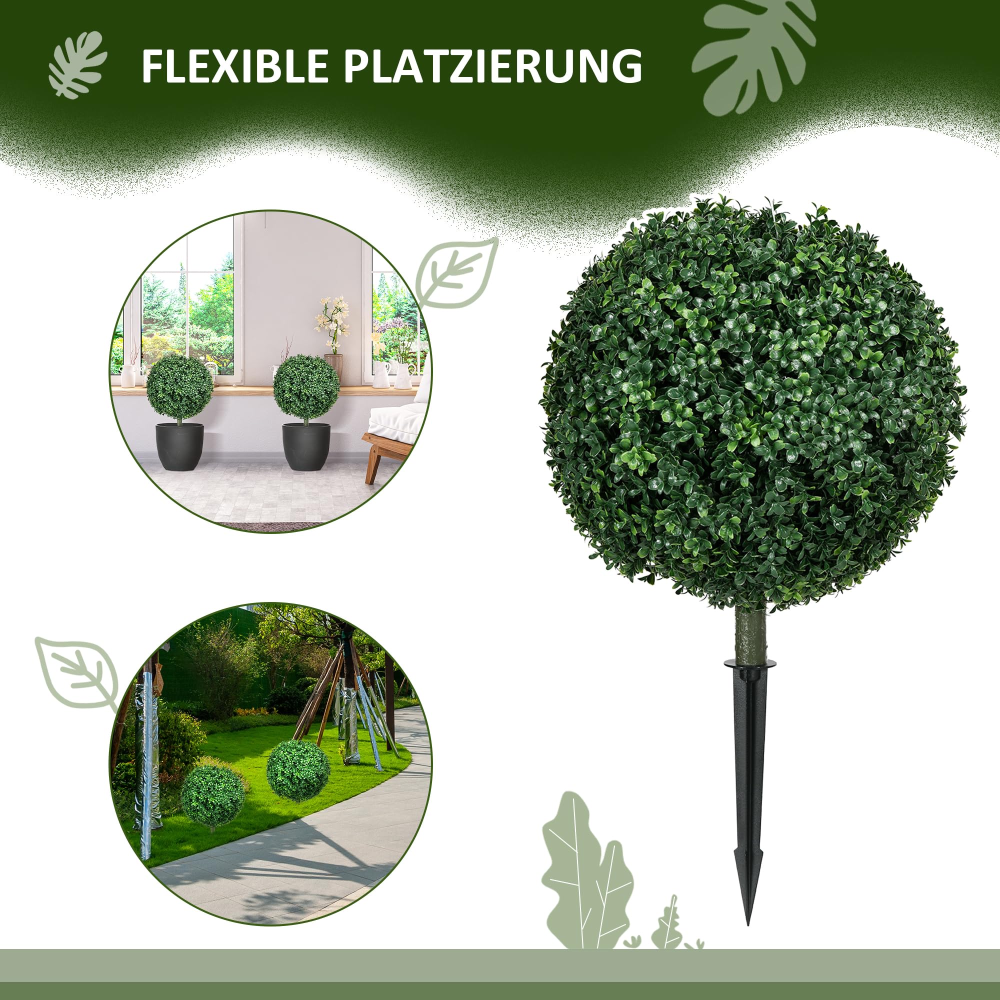 HOMCOM 2er Set Künstliche Buchsbaumkugel 70cm Kunstpflanze, Plastik Künstliche Pflanzen mit Bodenpfählen, Kunstbaum Fake Plant wie echt für Wohnzimmer Schlafzimmer Büro Dekoration Geschenk