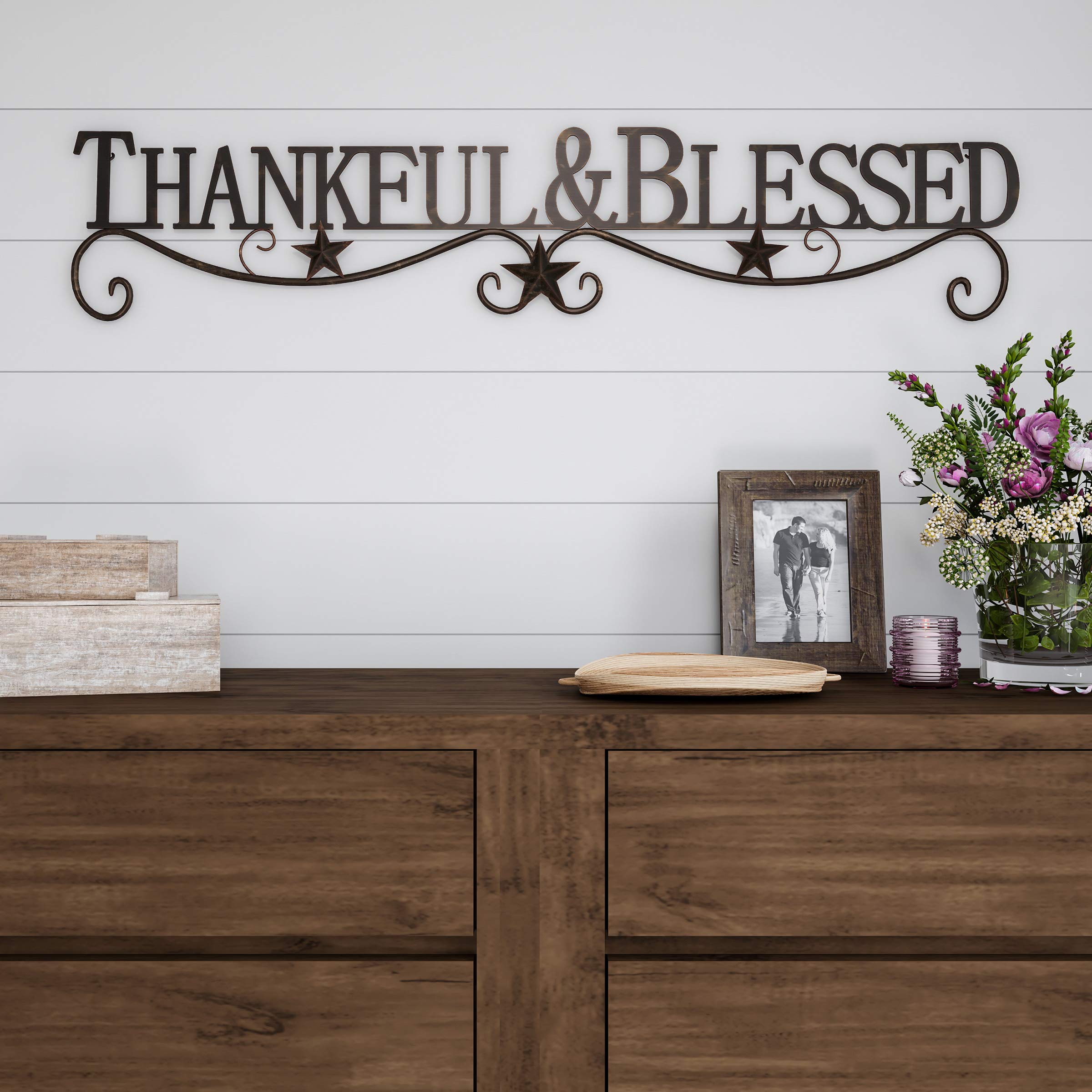 Lavish Home Thankful and Blessed Decorative Wall Sign-3D Word Art Home Accent Décor-Modern Rustic or Vintage Farmhouse Style Metal Cutout, 37", Dark Brown