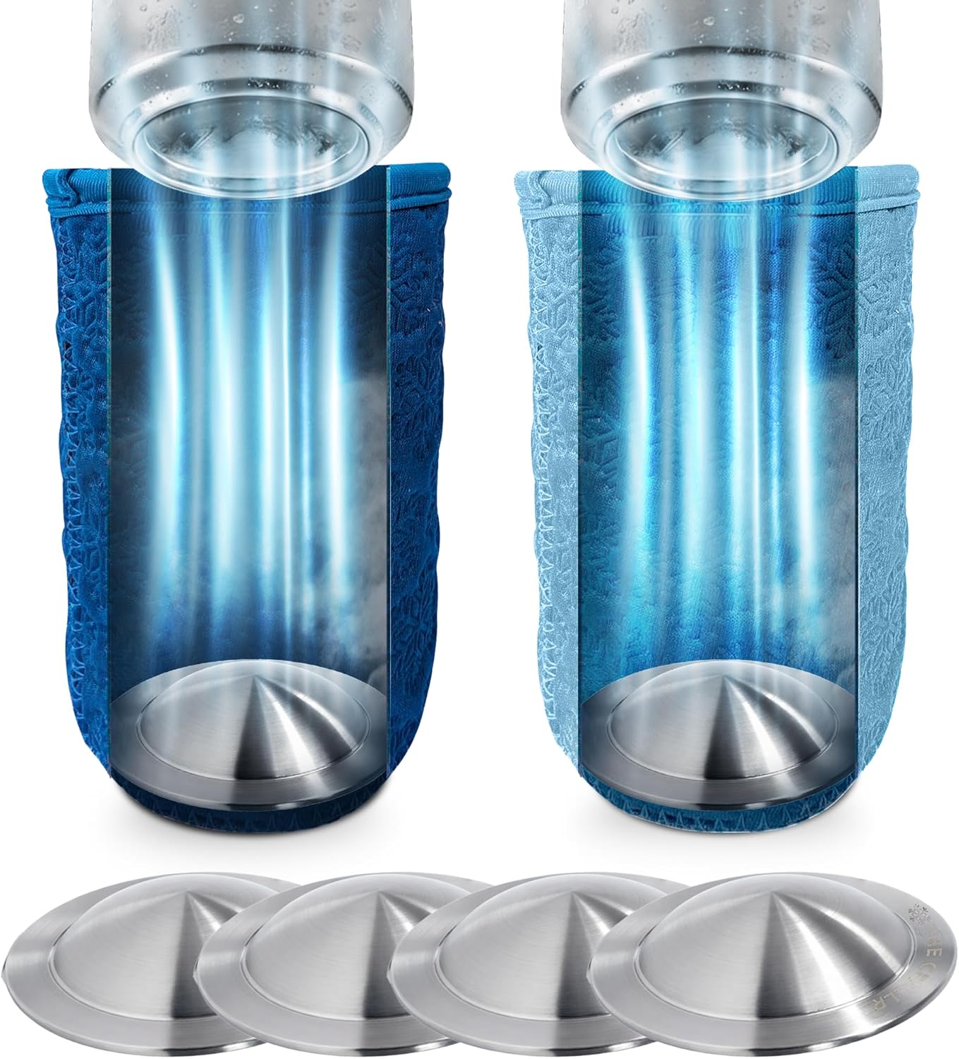 Chillr Can Sleeve with Ice Pack Booster - (4) Stainless Steel Ice Packs & (2) Insulated Neoprene Sleeves (Ice Blue & Navy) - Multi-Functional Ice Packs for 12oz and 16oz Cans