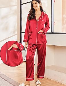 Ekouaer Silk Pajamas for Women Classic Button Down Satin Pajama Sets Long Sleeve Lounge Set
