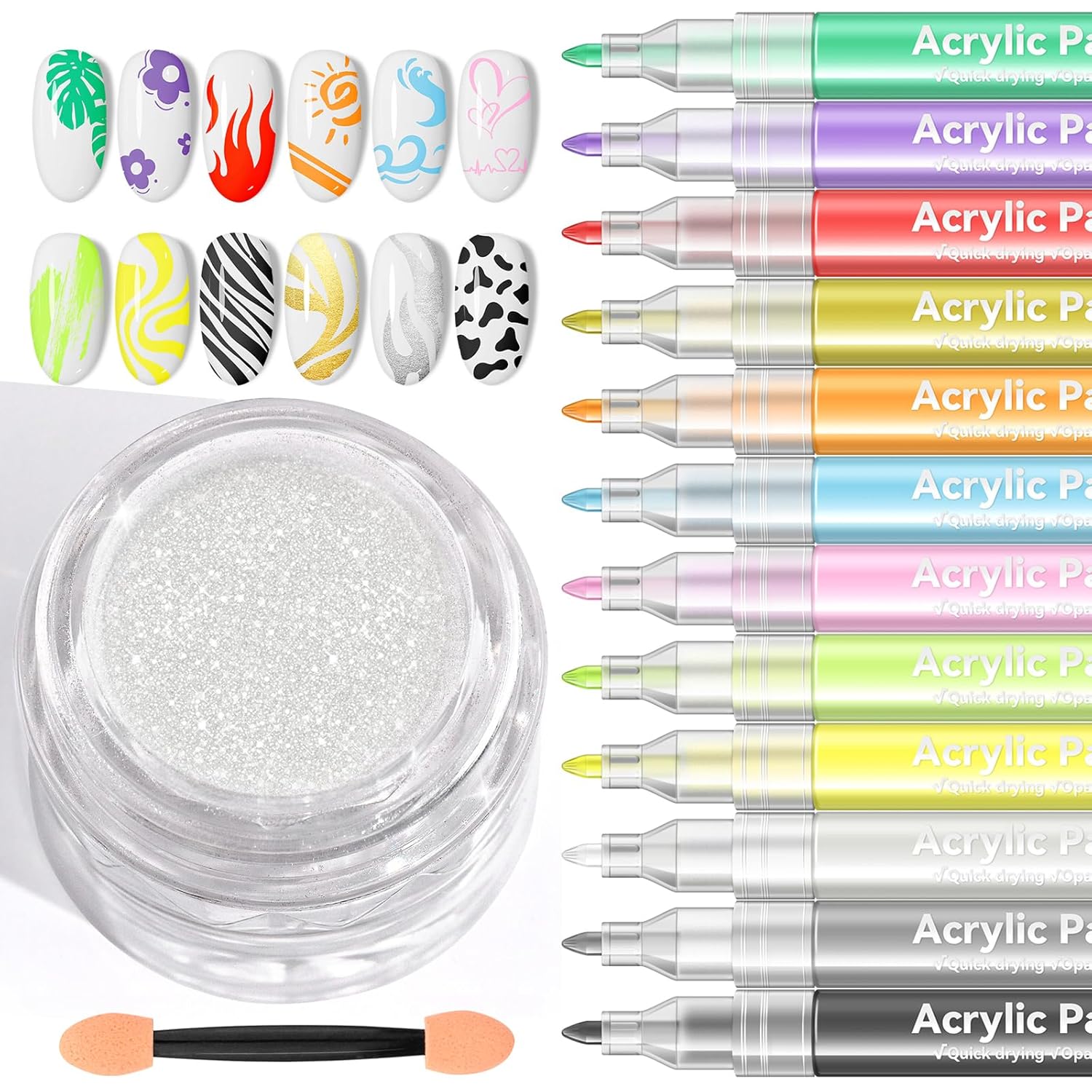 Saviland White Pearl Chrome Nail Powder and 12 Colors Nail Art Pens Set