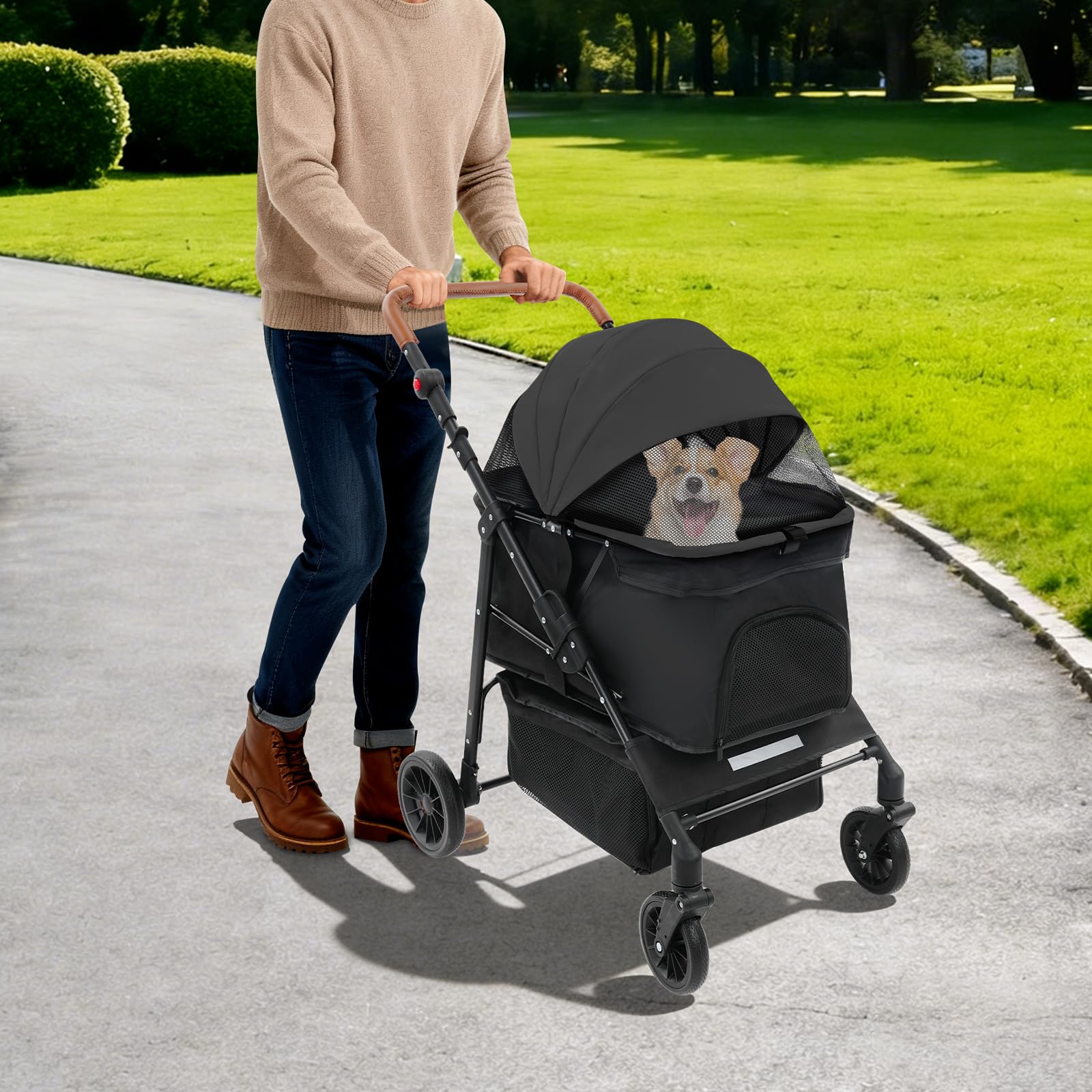 Passeggino pieghevole per cani fino a 15 kg, passeggino per animali domestici con finestre in rete e freno, passeggino pieghevole per cani di taglia piccola e media