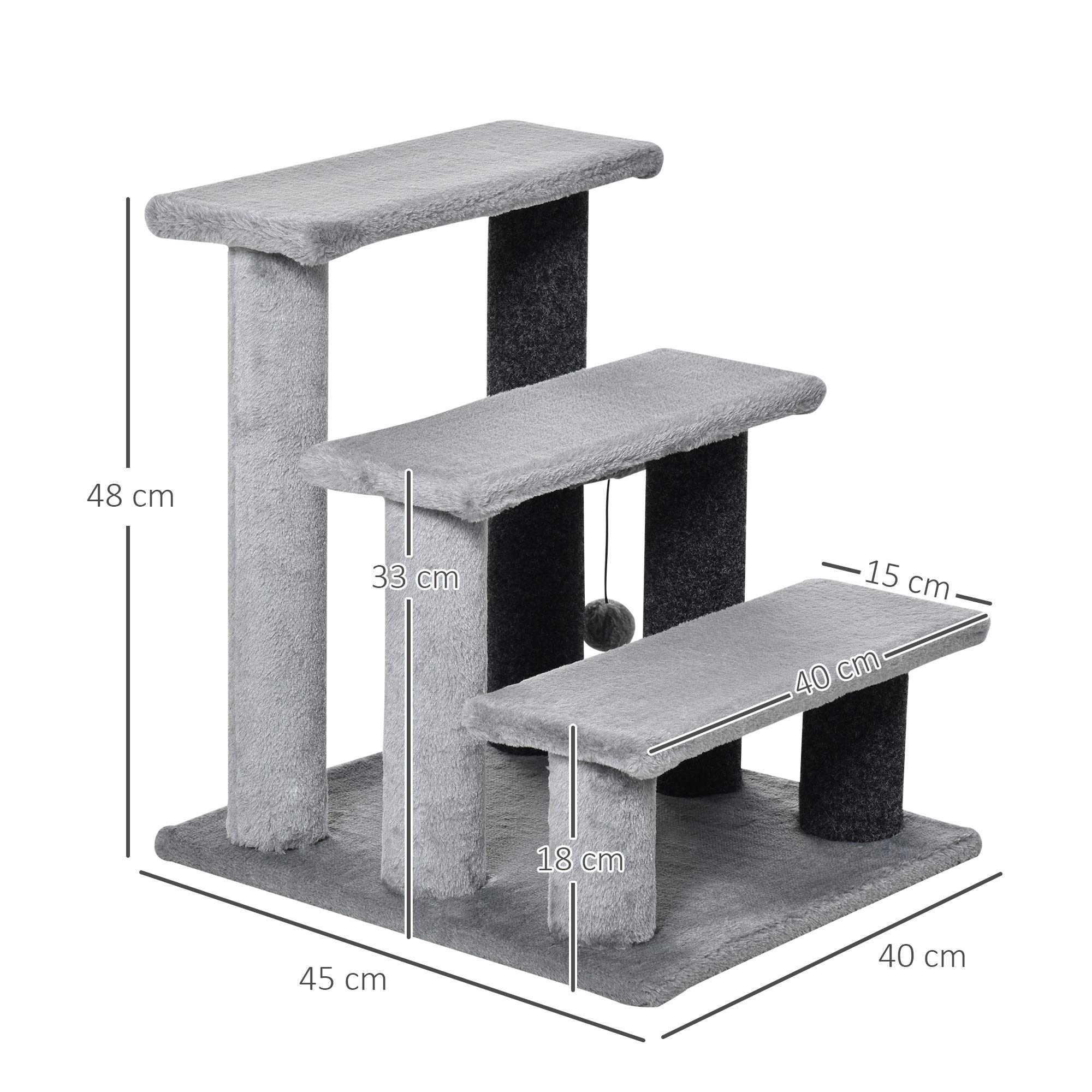 PawHut Scaletta per Gatti a 3 Gradini con Rivestimento in Flanella, Scala per Gatto e Animali Domestici Antiscivolo con Pallina, 45x40x48cm, Grigio