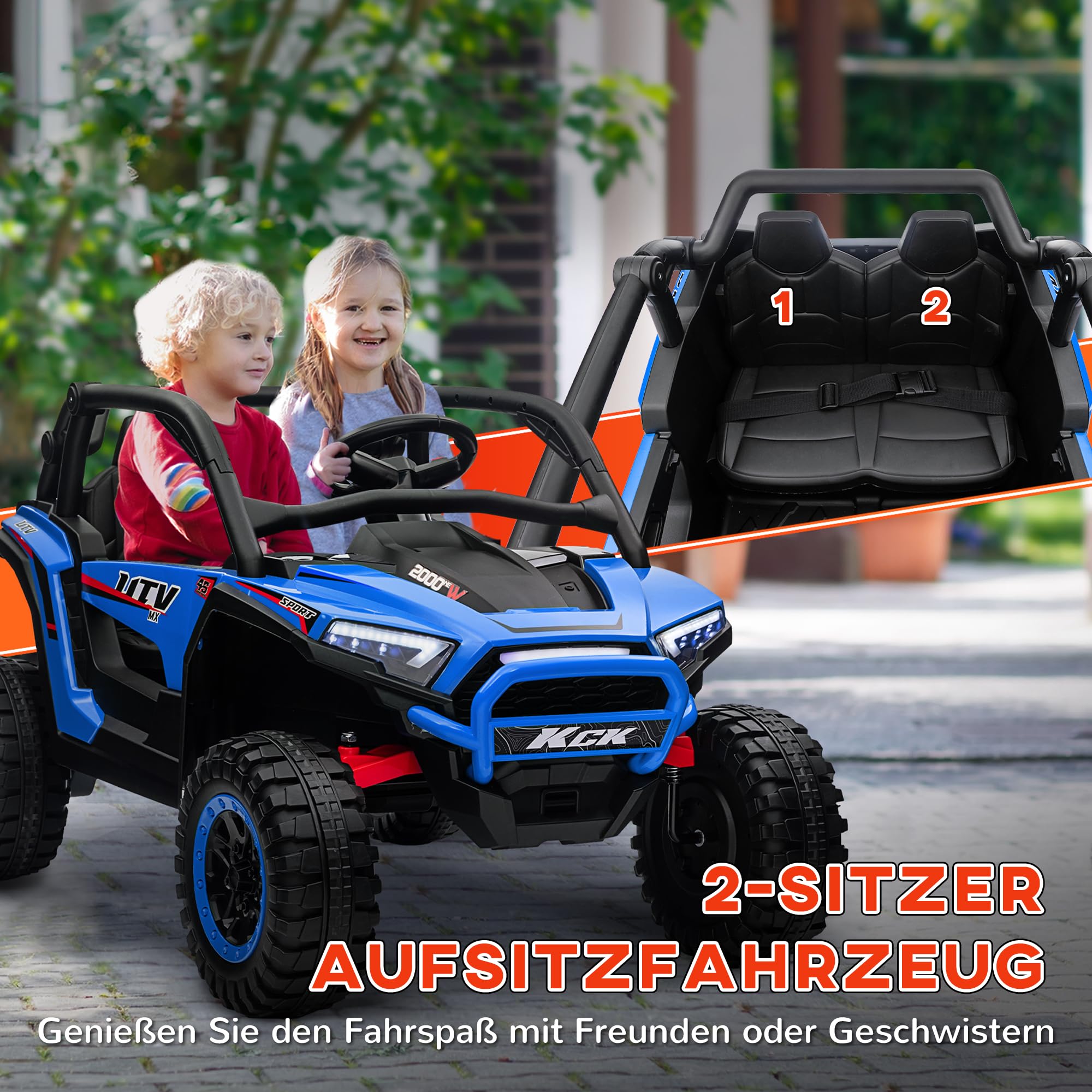 AIYAPLAY Kinder Elektroauto 24V mit 2,4 GHz Fernbedienung 3-8 Jahre Blau | Kinderauto UTV, 4 Motor, Kinderfahrzeug mit Hupe, Musik, Scheinwerfer, Elektrofahrzeug