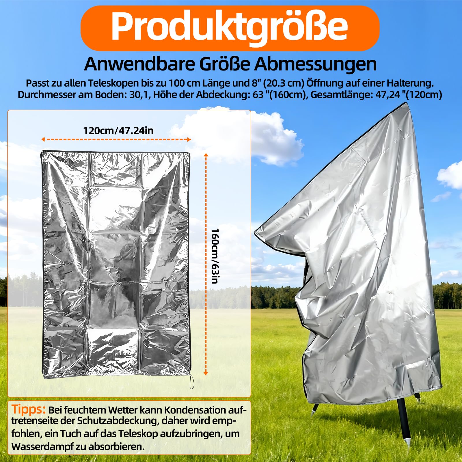 Cubierta telescópica de 120 x 160 cm – Protección contra el polvo/hojas/abono, protección solar, alta calidad, estable, para telescopios/prismáticos, almacenamiento interior y exterior