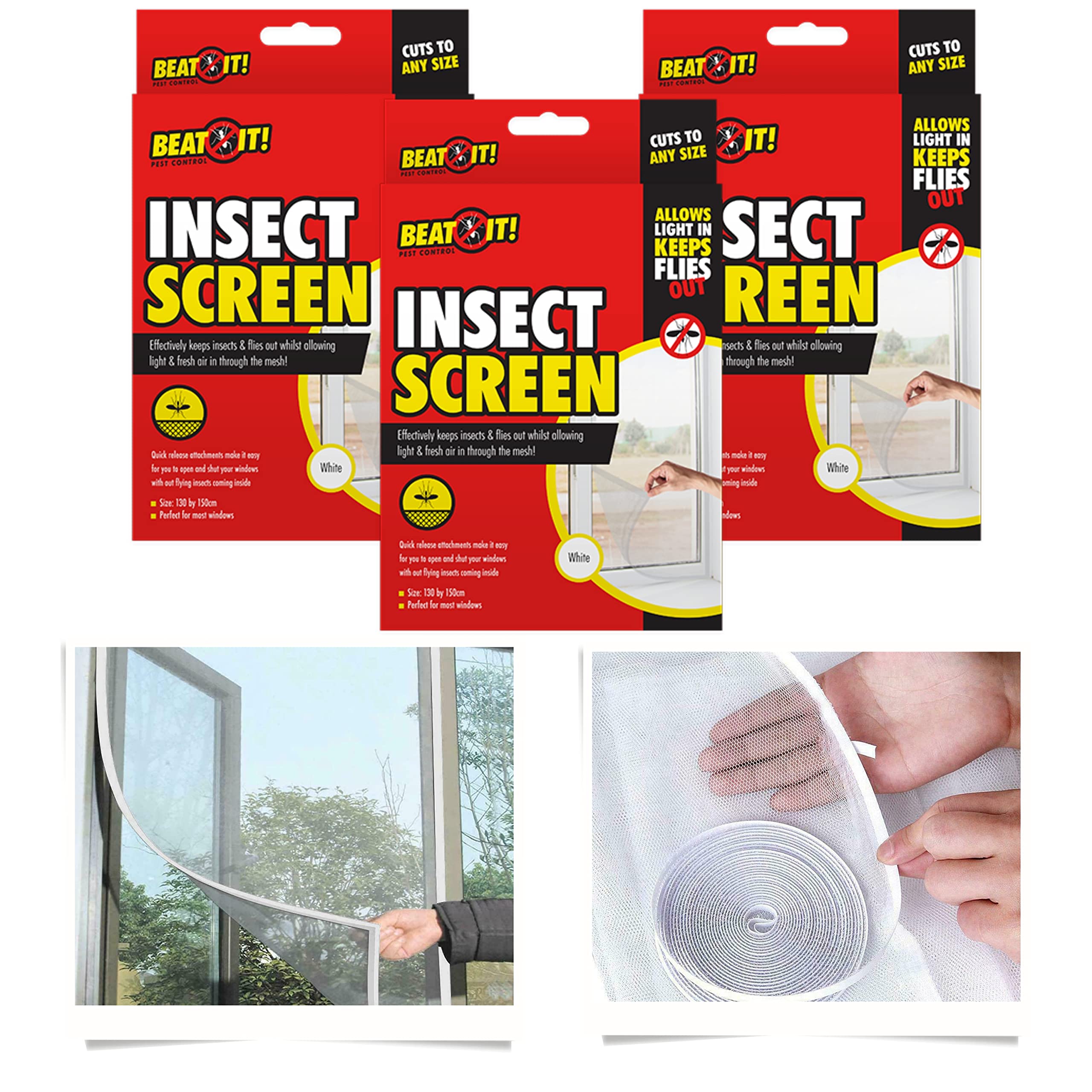 3Pcs Insect Screen Netting with Hook and Loop, 150 x130cm Standard Easy to Use, Washable, Especially for Windows, Mosquito