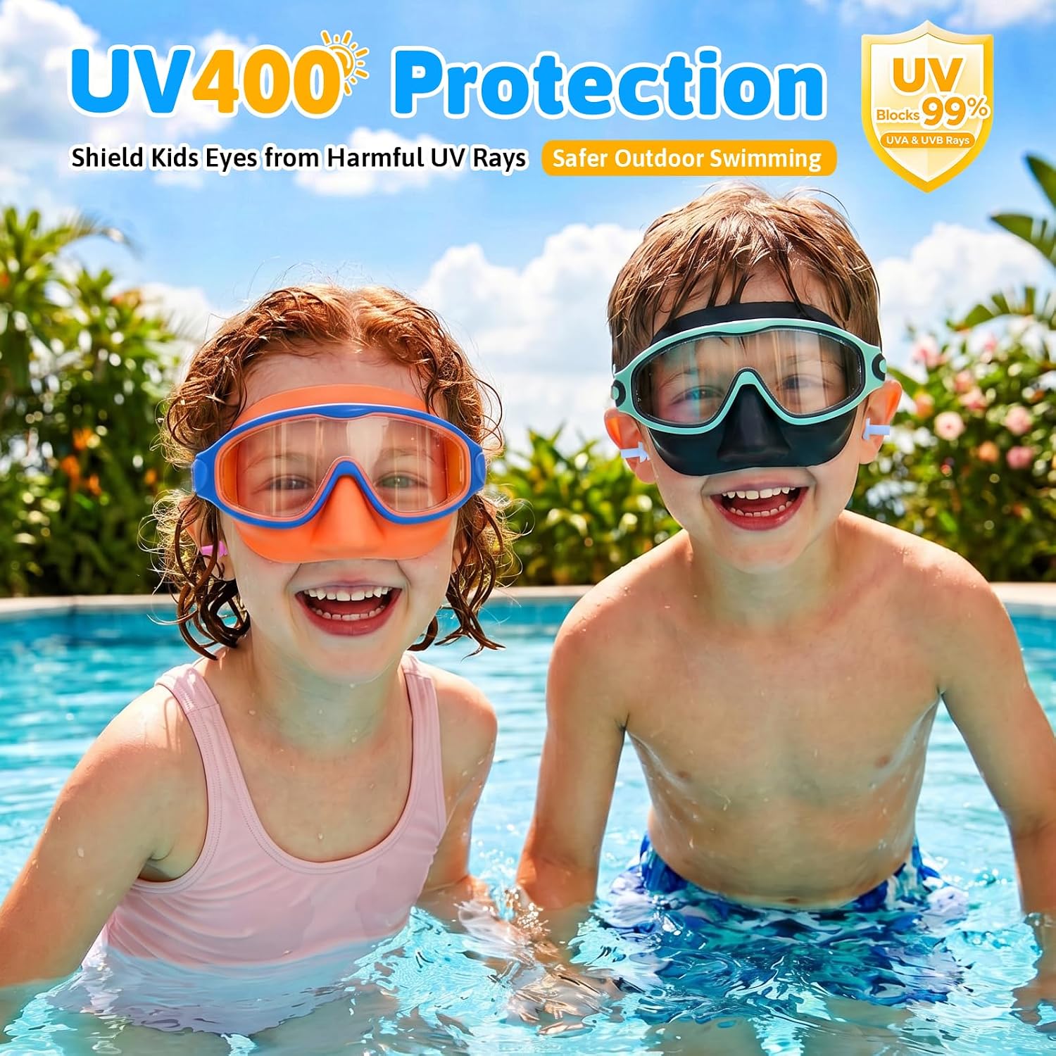 DANZHANG 2 Pack Kids Goggles with Nose Cover,Swim Goggle with Earplugs | Anti-Fog UV Protection 180° Wide View Swimming Goggles for Boys & Girls Ages 3-14
