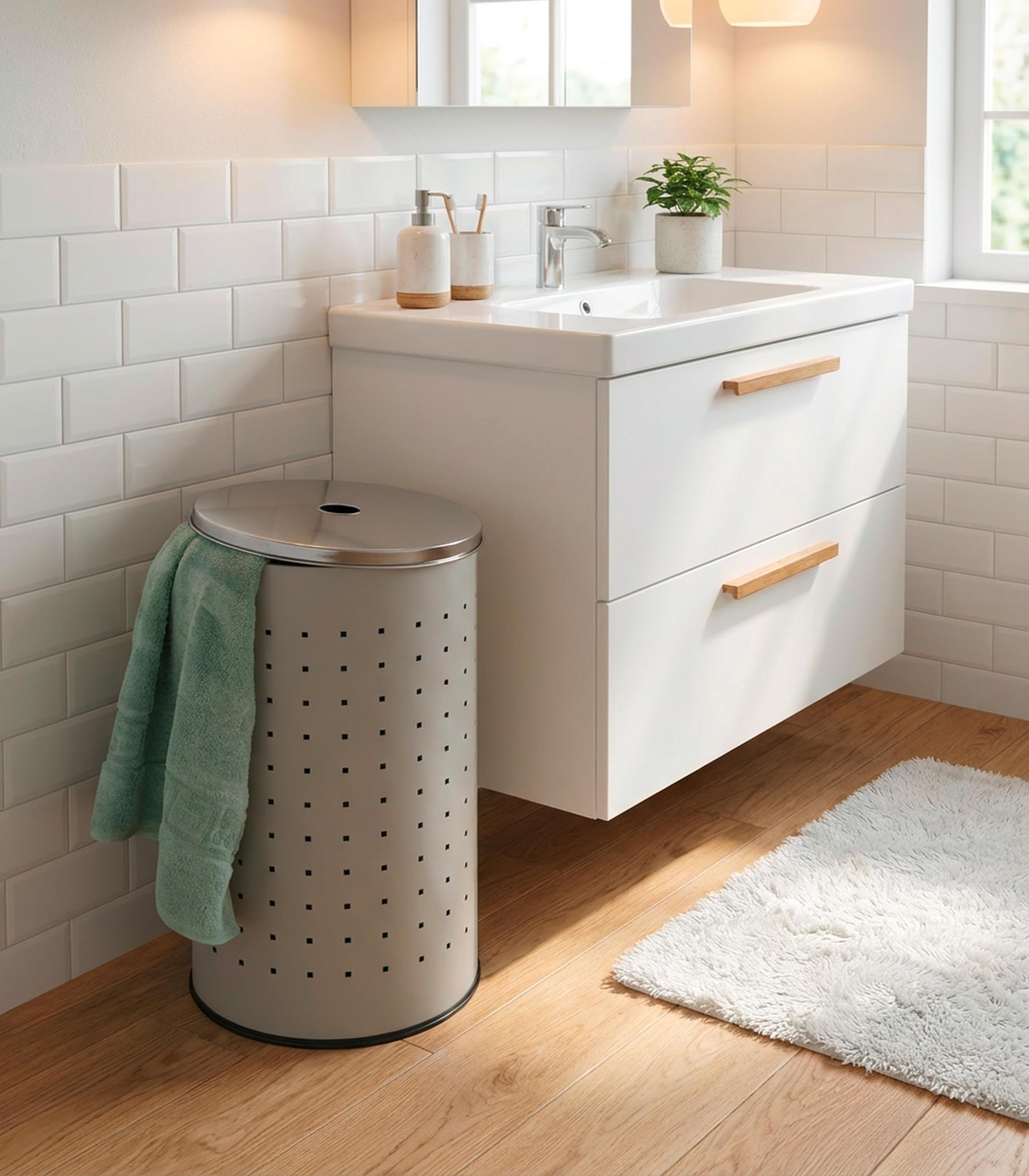 Wäschekorb mit Deckel und Luftlöchern - Greige, Beige - Edelstahl - 37 L Fassungsvermögen - Ø 29 cm - 54 cm hoch - Wäschetonne Wäschesammler Wäschebox Wäschetruhe