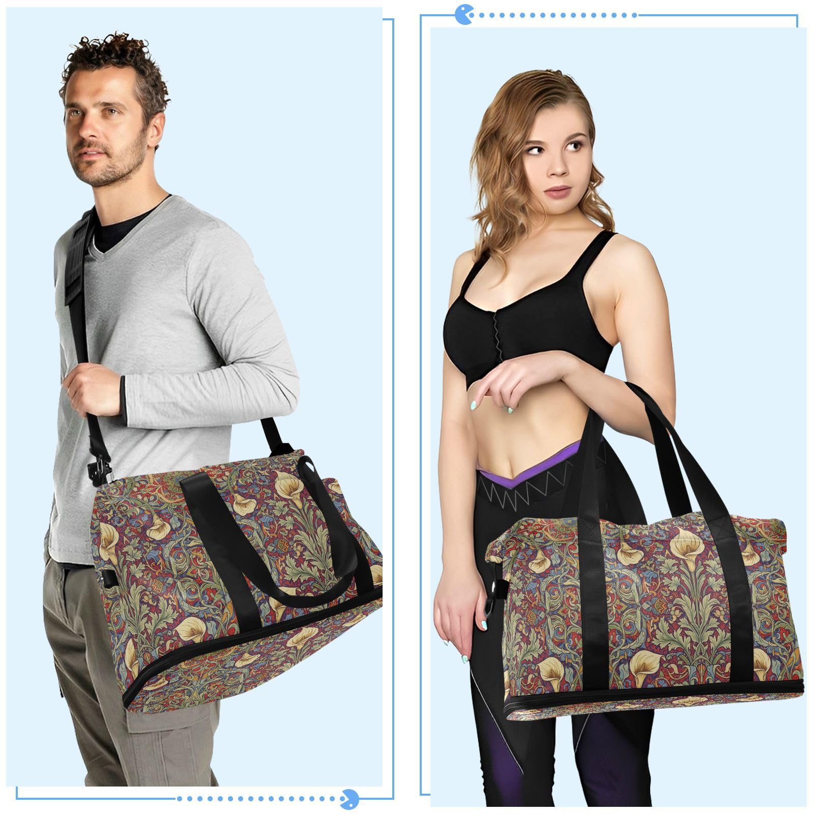 Calla Lily Red Blue William Morris - Bolsas de viaje con bolsillo húmedo con correa ajustable para senderismo, juego de 2 piezas para hombres y mujeres