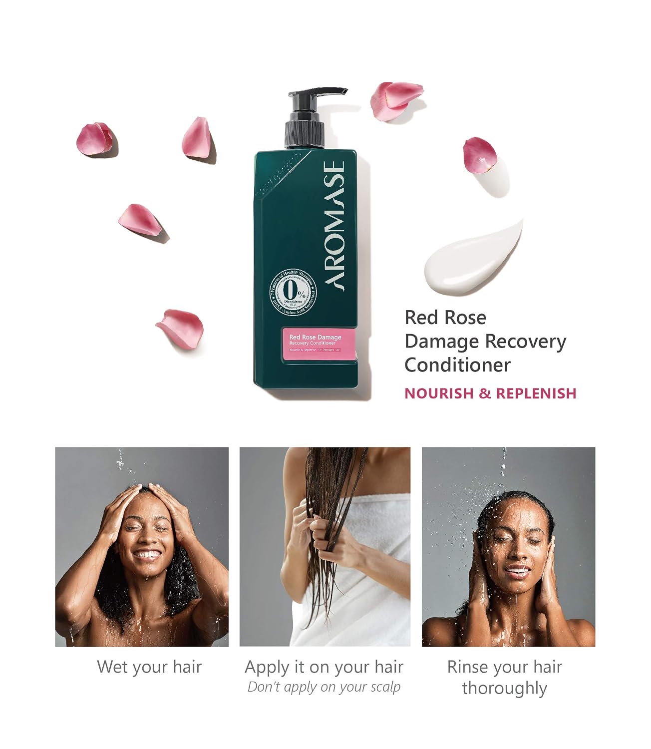 Aromase Red Rose Recovery Conditioner - Natural Hair Conditioner with Rose, Jojoba, & Rosemary Oil for Dry, Frizzy Hair - 14.11 oz