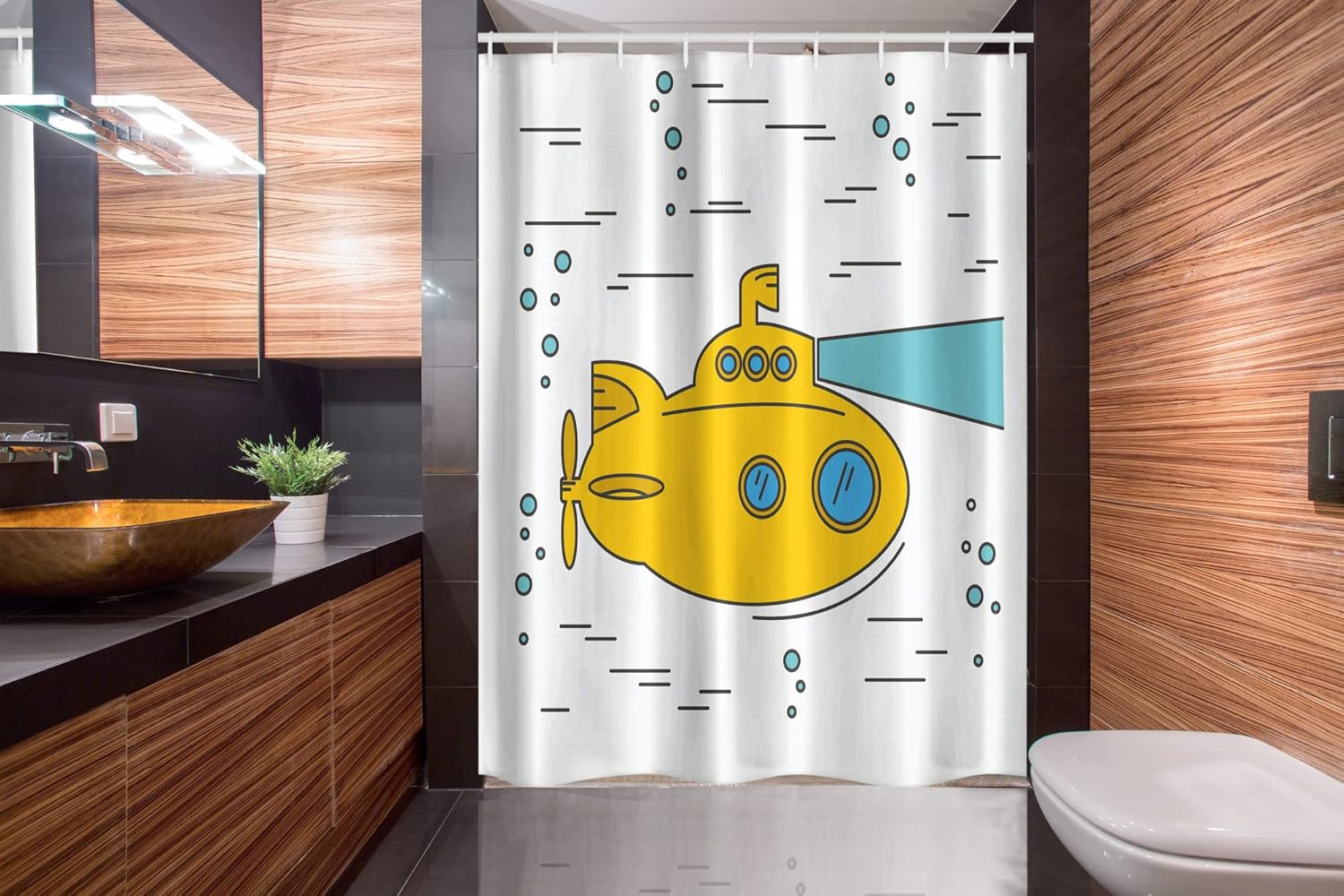 Ambesonne Yellow Submarine Stall Shower Curtain, Ocean Nautical Adventure Underwater Bubbles Porthole Cartoon, Fabric Bathroom Decor Set with Hooks, 54" W x 78" L, White Yellow Blue