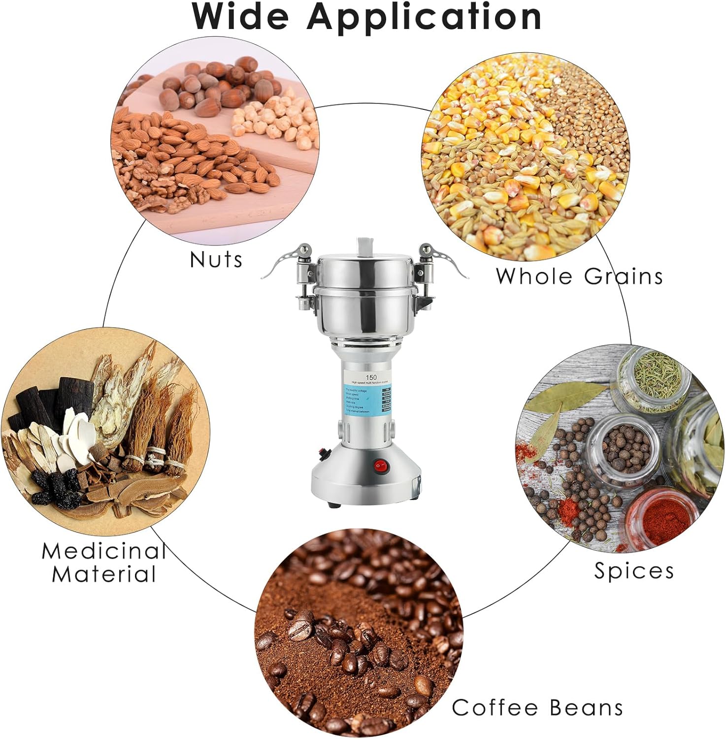 MYFULLY Electric Grain Mill Grinder High Speed Stainless Steel Pulverizer Mill Grinding Machine Cereals Corn Medicine Pearl Seasonings Spices Commercial Grade for Kitchen Grinding Machine (150g)