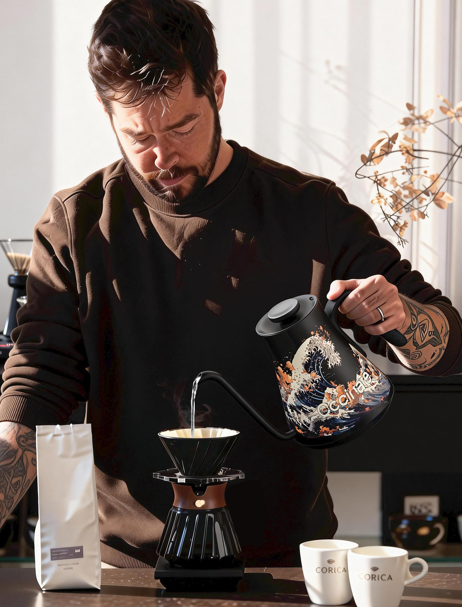 Cocinare Artisan Collection Gooseneck Electric Kettle, ±0.5°F Temperature Control for Pour Over Coffee & Tea, 1500W Quick Heating, Stainless Steel Interior, 0.9L, Wave Design