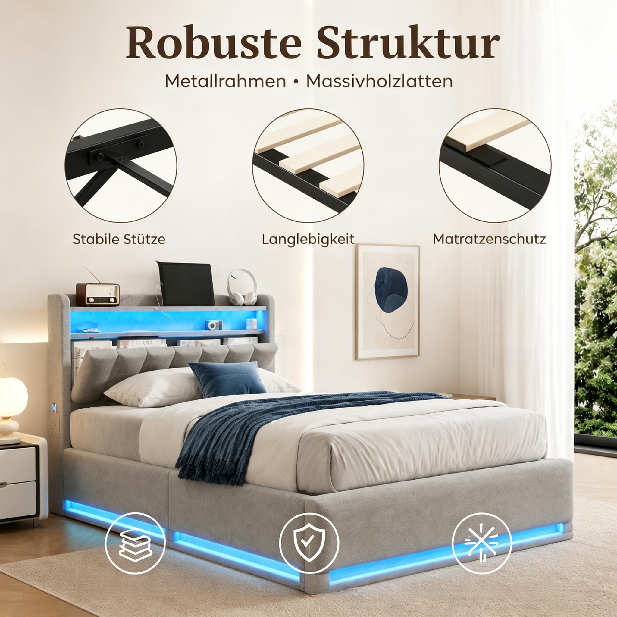 Letto Contenitore 90x200 con Sommier LED e USB,Letto per Ragazzi con Testiera Multifunzione e 2 Cassetti,Letti Singoli Imbottiti con Spazio di Archiviazione Idraulico,Grigio