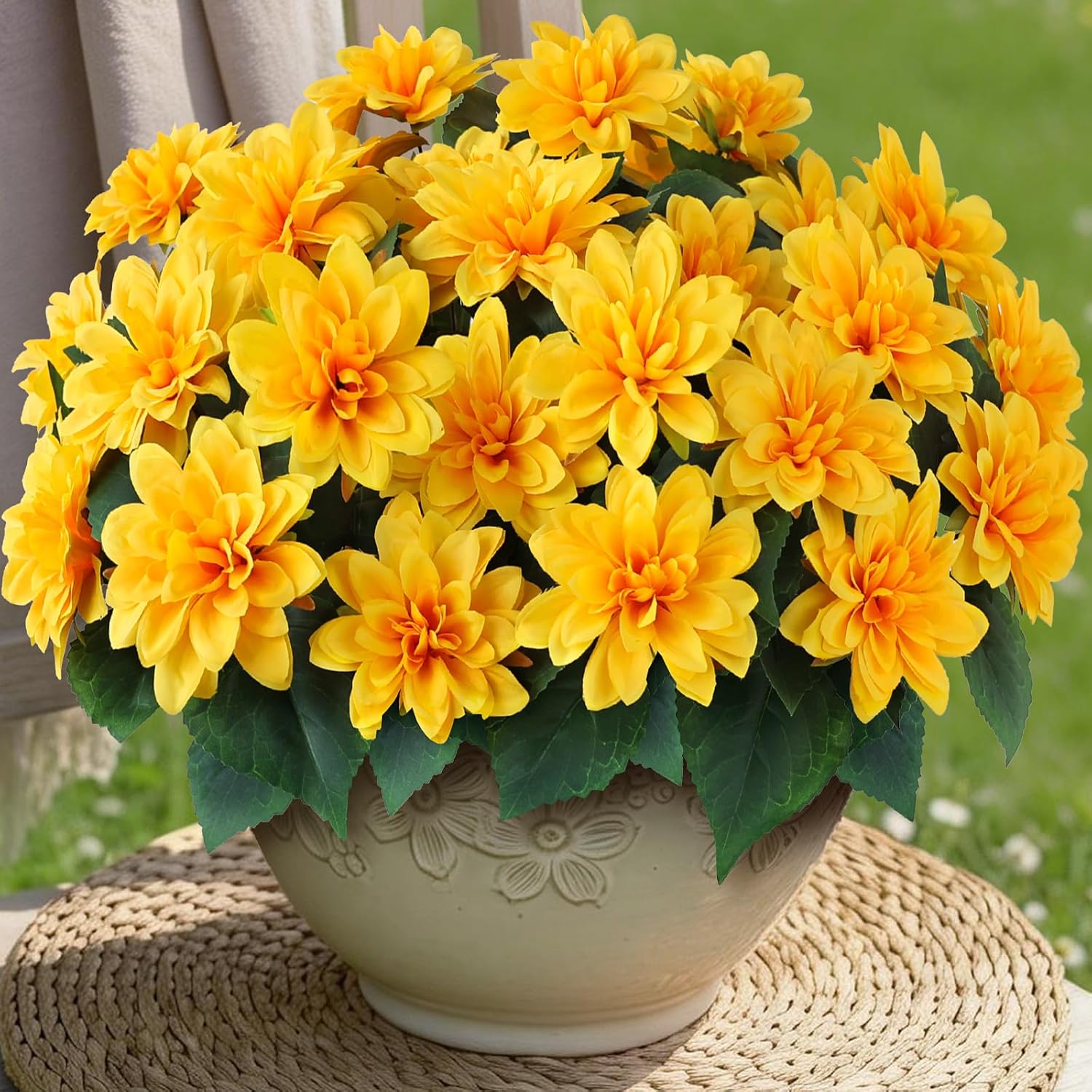 VIERENA 16 Bundles Artificial Dahlia Flowers for Outdoors Spring Summer Decor, No Fade Silk Flower Faux Dahlias Plant Arrangement for Home Garden Balcony Farmhouse（Yellow）