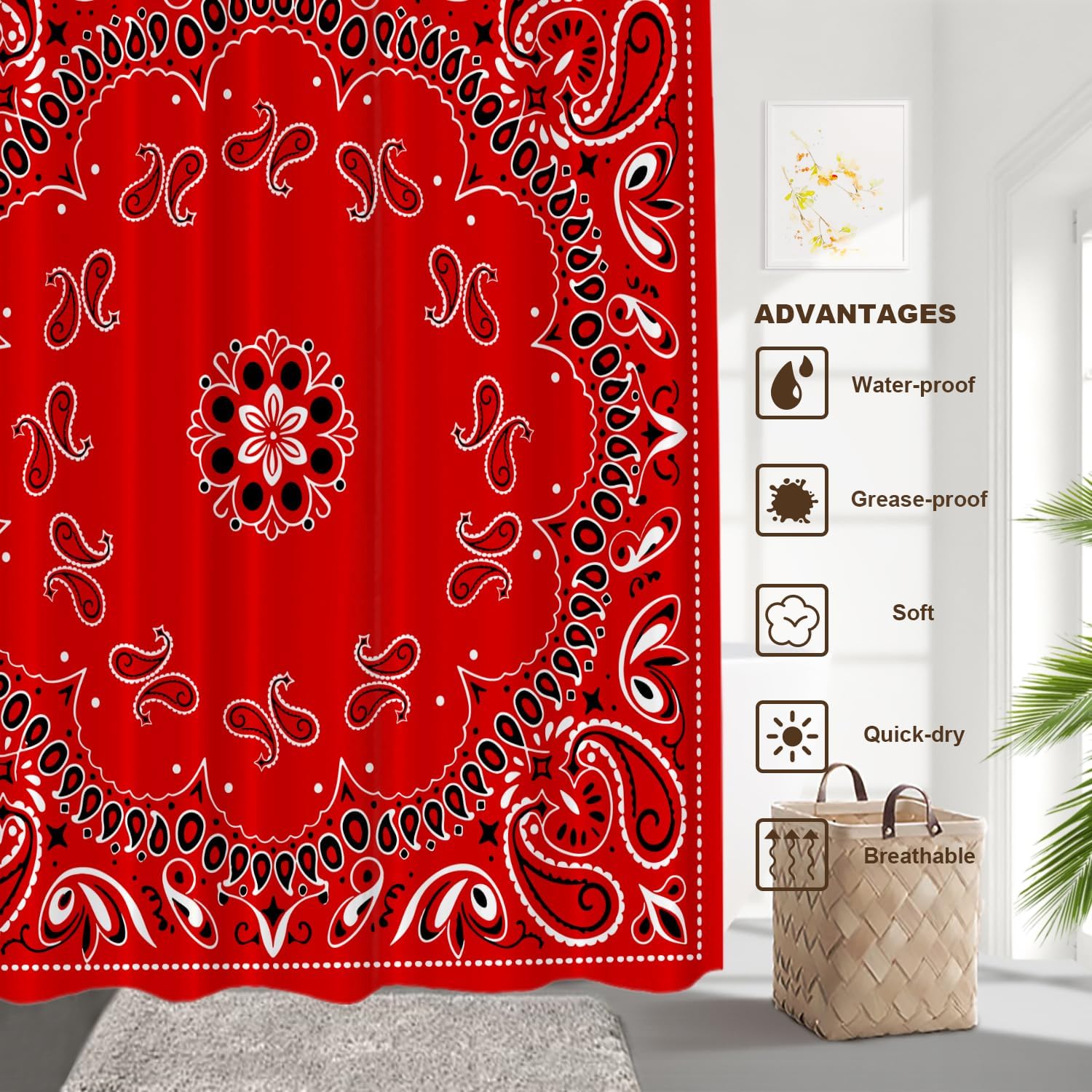 Red Paisley Bandana Decor Shower Curtain Set,Bandana with Red Paisley in The Middle Polyester Shower Curtain for Shower Stall Bathroom Waterproof with 12 Hooks 72x72 Inch